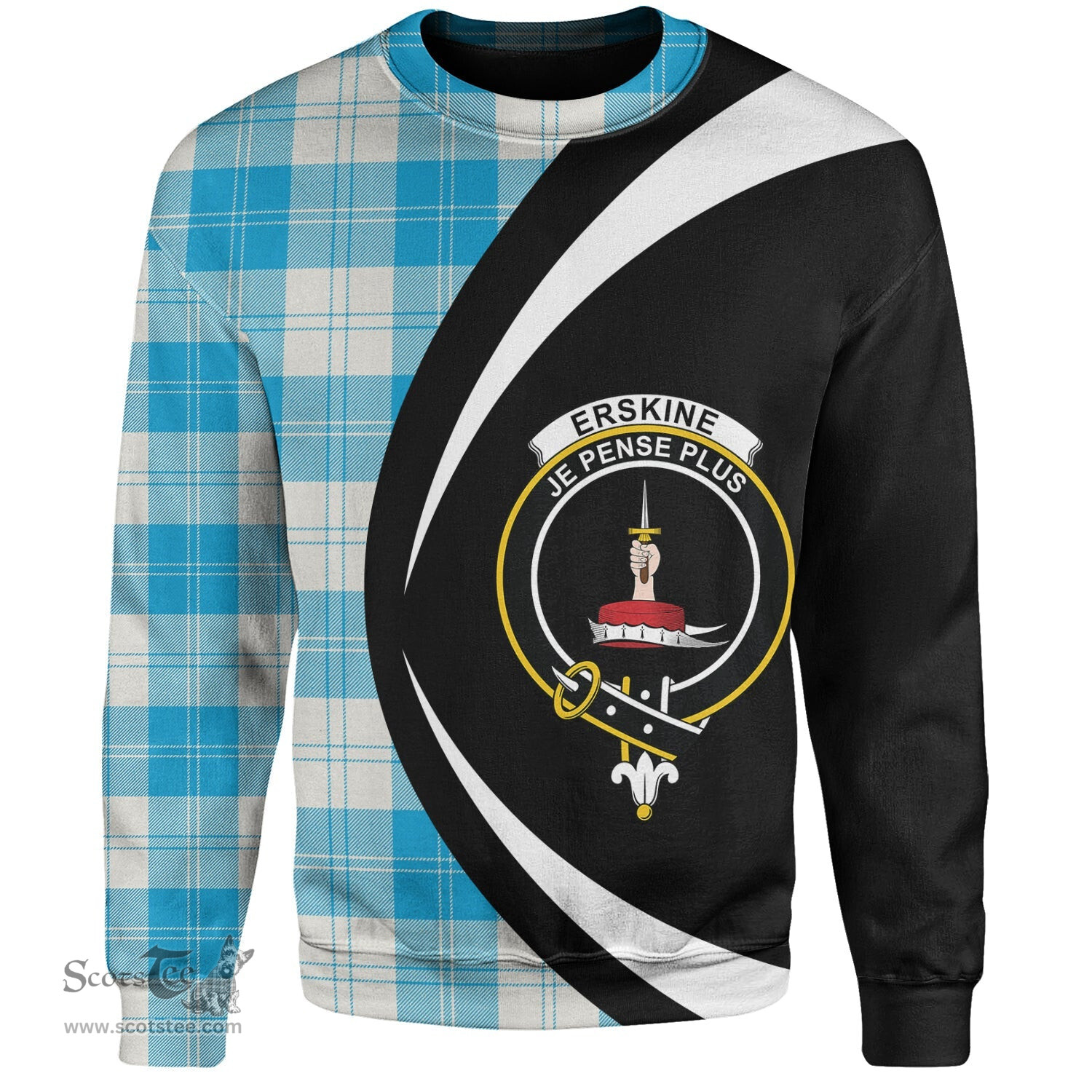 ScotsTee Shop Scottish Erskine Blue Clan Crest Personalized Tartan Sweatshirt Circle Style Back Shirt with Your Text