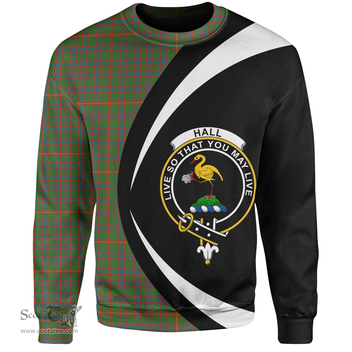 ScotsTee Shop Scottish Hall Ancient Clan Crest Personalized Tartan Sweatshirt Circle Style Back Shirt with Your Text