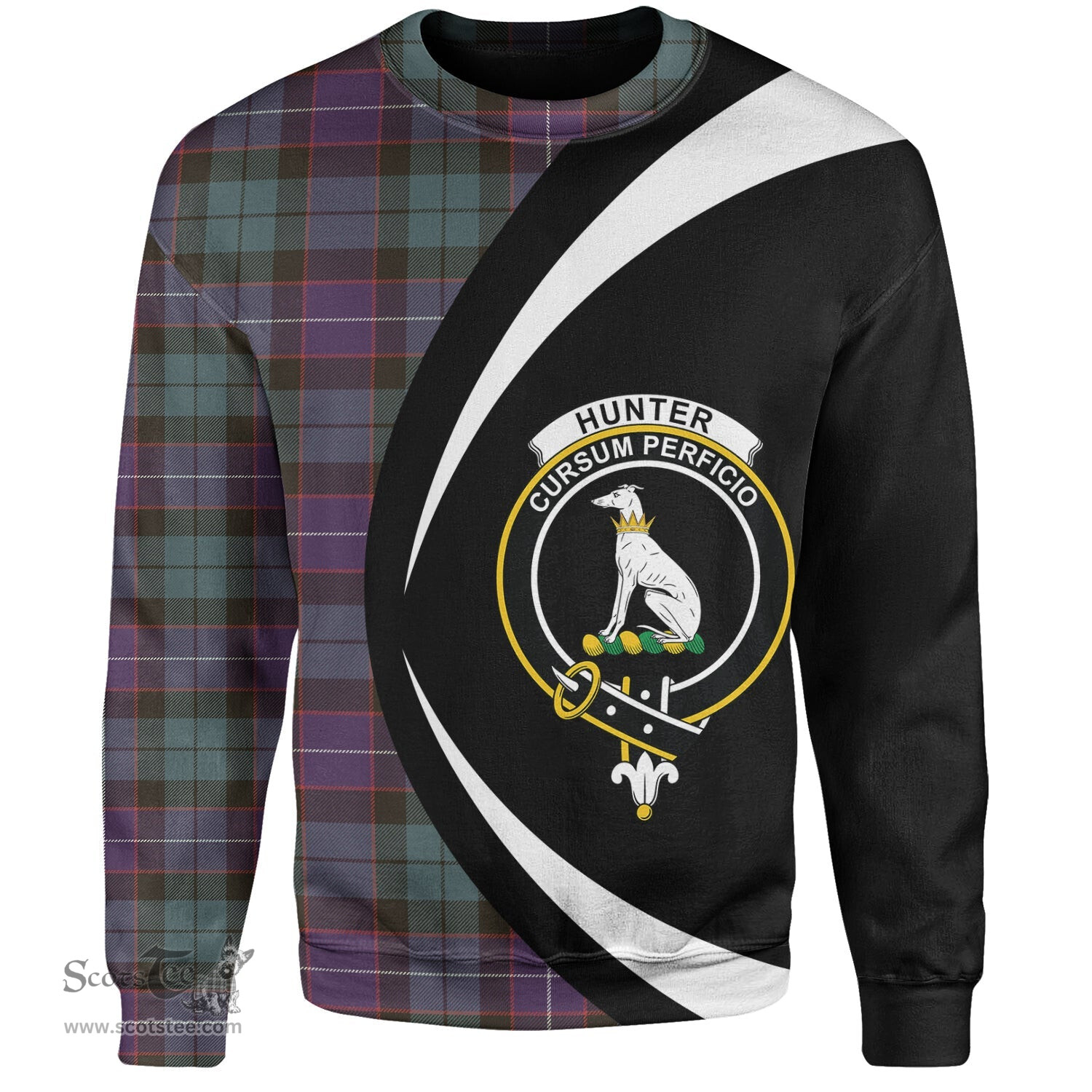 ScotsTee Shop Scottish Hunter Weathered Clan Crest Personalized Tartan Sweatshirt Circle Style Back Shirt with Your Text
