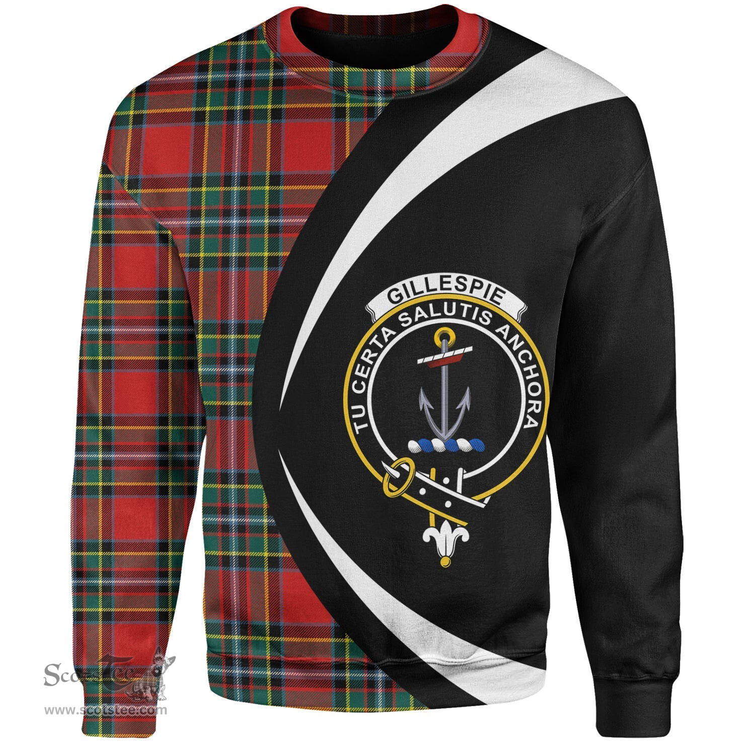 ScotsTee Shop Scottish Gillespie Modern Clan Crest Personalized Tartan Sweatshirt Circle Style Back Shirt with Your Text