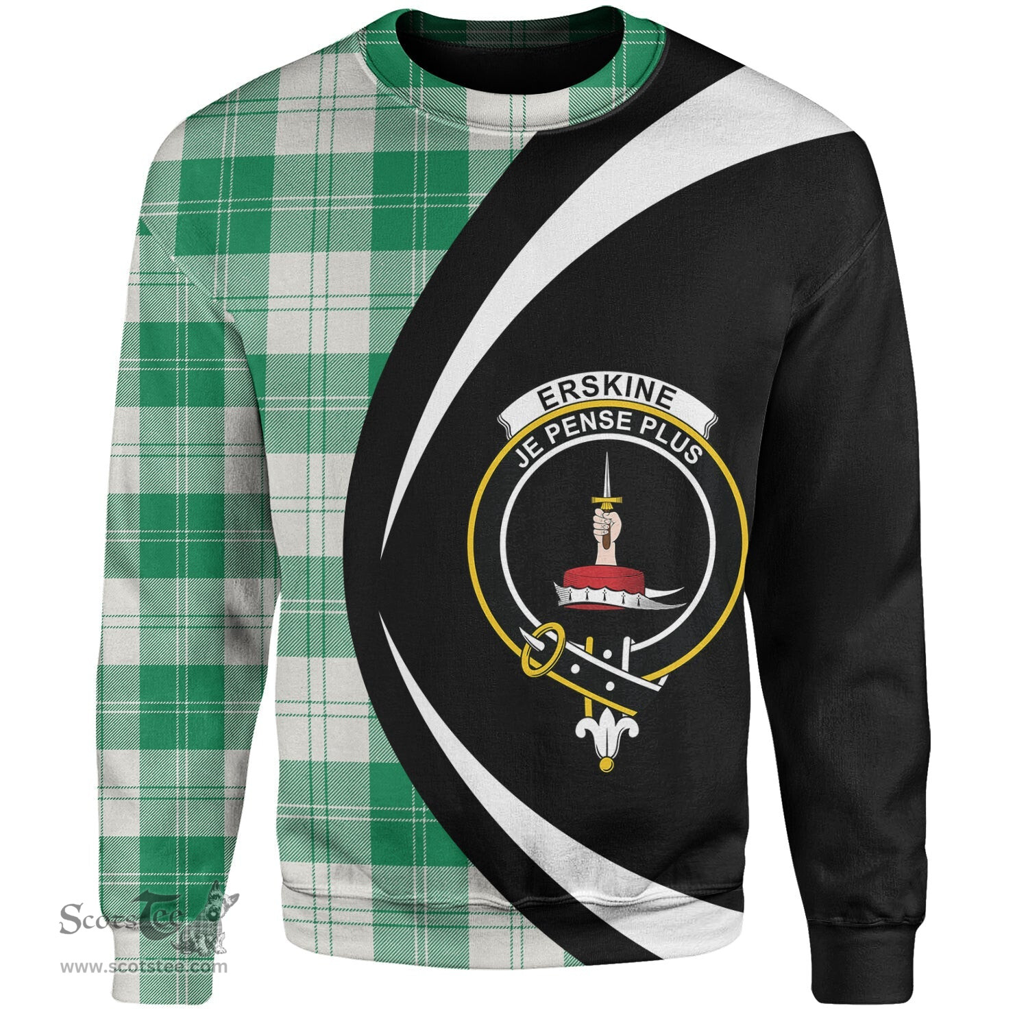 ScotsTee Shop Scottish Erskine Green Clan Crest Personalized Tartan Sweatshirt Circle Style Back Shirt with Your Text