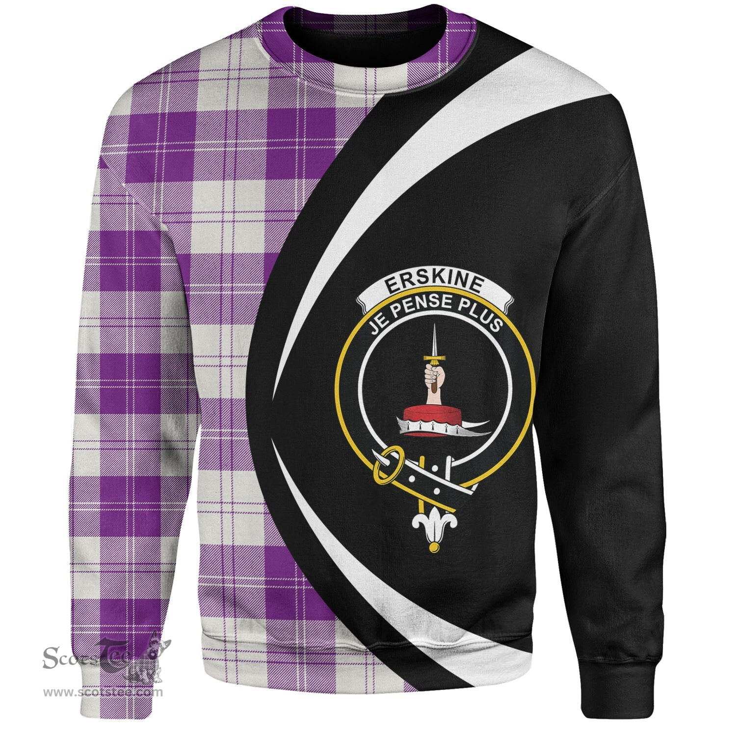 ScotsTee Shop Scottish Erskine Purple Clan Crest Personalized Tartan Sweatshirt Circle Style Back Shirt with Your Text