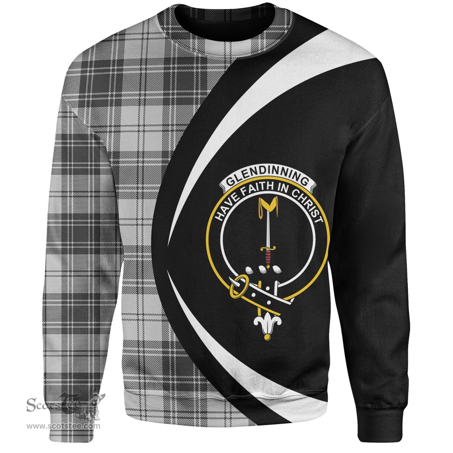 ScotsTee Shop Scottish Glendinning Clan Crest Personalized Tartan Sweatshirt Circle Style Back Shirt with Your Text