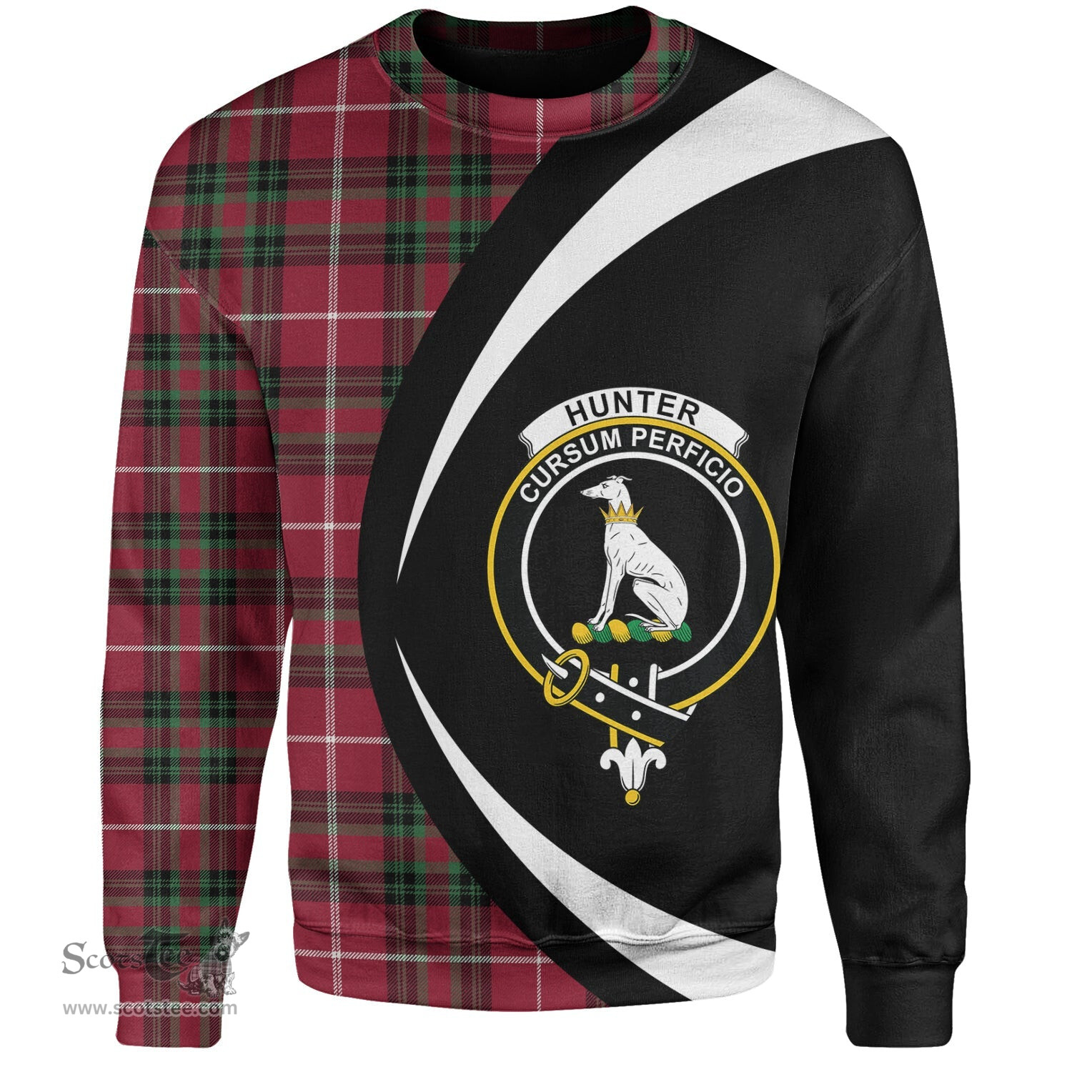 ScotsTee Shop Scottish Hunter of Bute (Hunter Maroon) Modern Clan Crest Personalized Tartan Sweatshirt Circle Style Back Shirt with Your Text