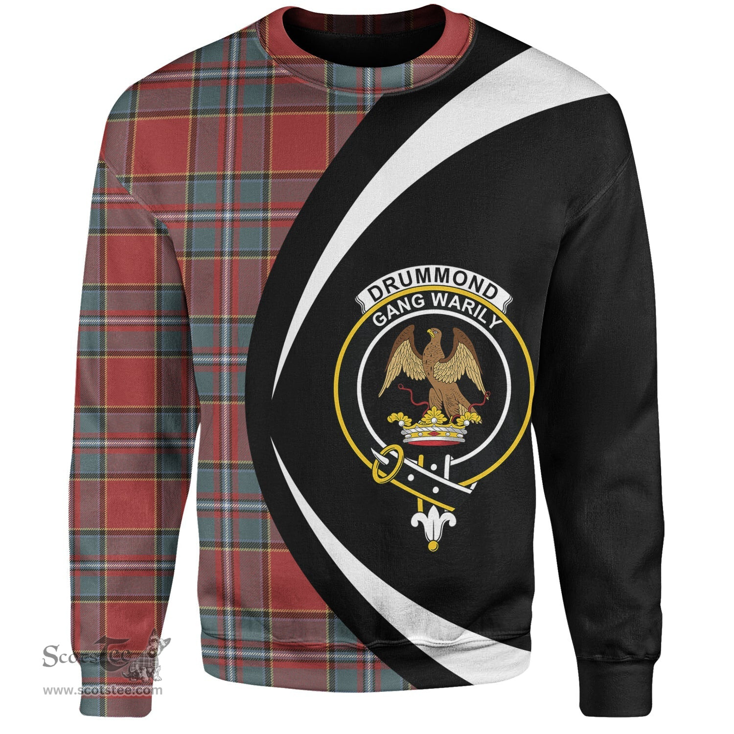 ScotsTee Shop Scottish Drummond Weathered Clan Crest Personalized Tartan Sweatshirt Circle Style Back Shirt with Your Text