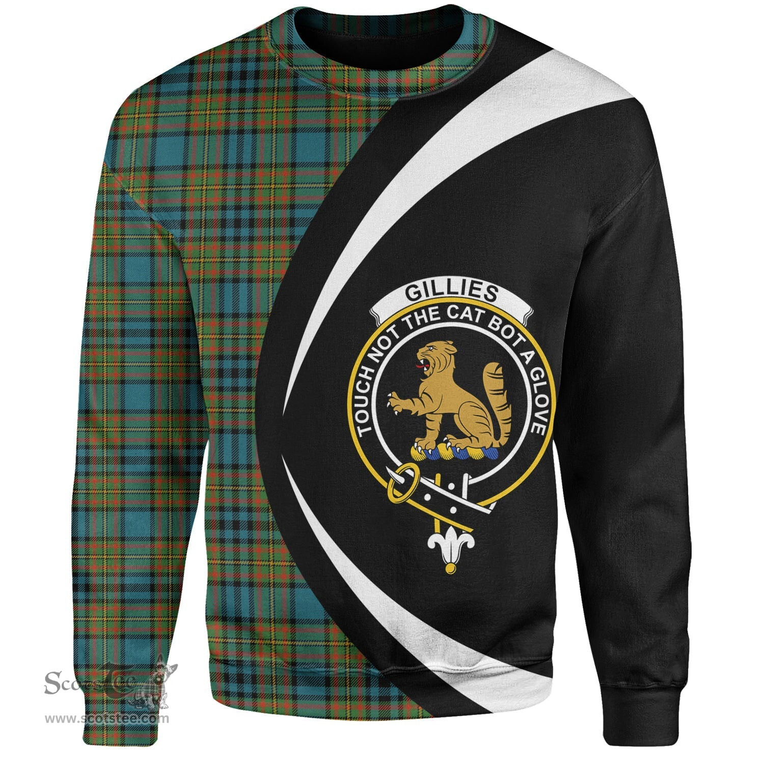 ScotsTee Shop Scottish Gillies Ancient Clan Crest Personalized Tartan Sweatshirt Circle Style Back Shirt with Your Text