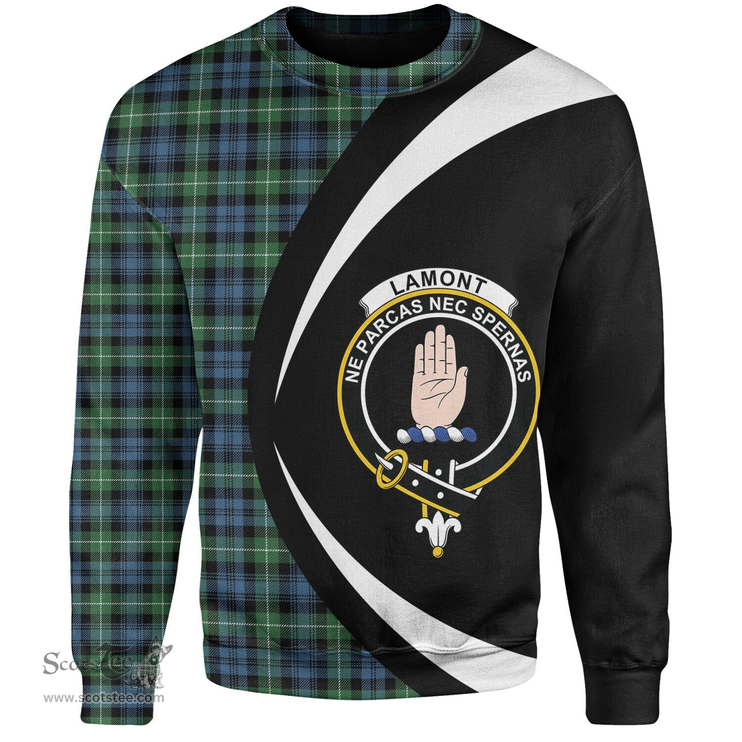 ScotsTee Shop Scottish Lamont Ancient Clan Crest Personalized Tartan Sweatshirt Circle Style Back Shirt with Your Text