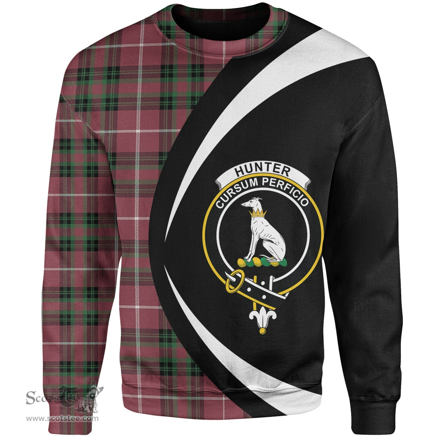 ScotsTee Shop Scottish Hunter of Bute (Michael Maroon) Ancient Clan Crest Personalized Tartan Sweatshirt Circle Style Back Shirt with Your Text