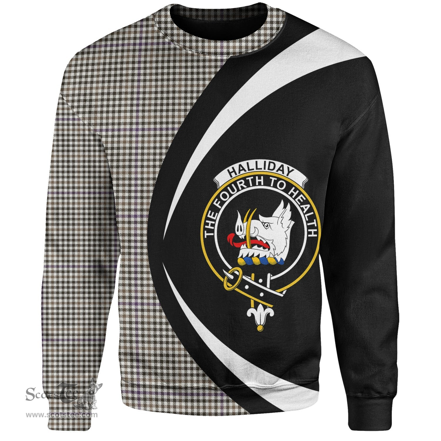 ScotsTee Shop Scottish Halliday (Holliday) Weathered Clan Crest Personalized Tartan Sweatshirt Circle Style Back Shirt with Your Text