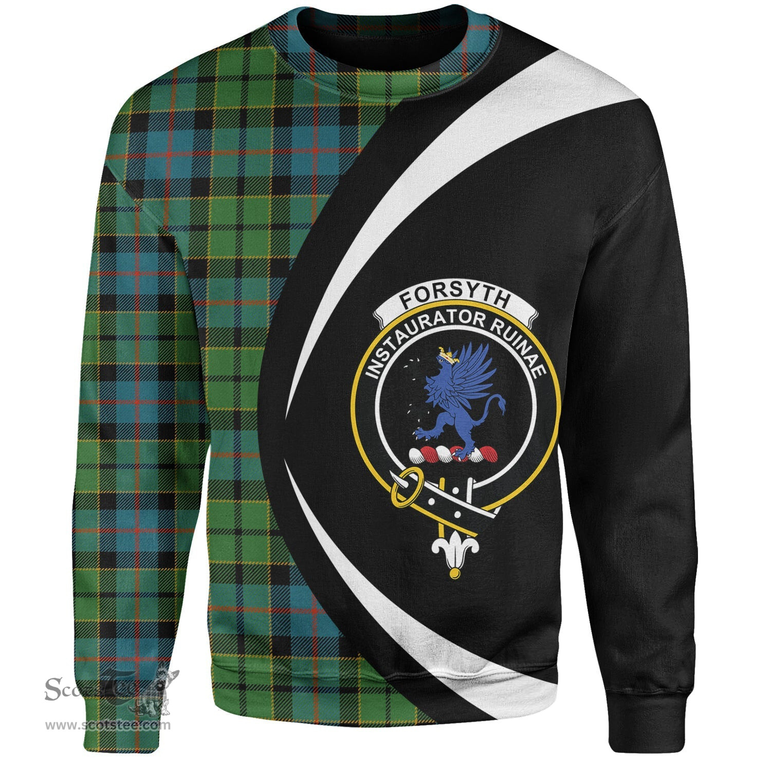 ScotsTee Shop Scottish Forsyth Ancient Clan Crest Personalized Tartan Sweatshirt Circle Style Back Shirt with Your Text