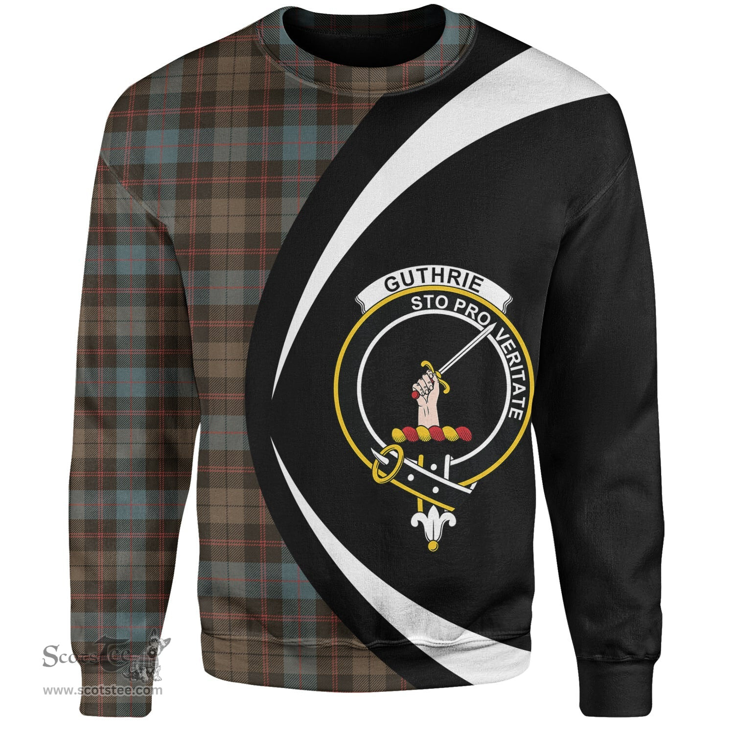 ScotsTee Shop Scottish Guthrie Weathered Clan Crest Personalized Tartan Sweatshirt Circle Style Back Shirt with Your Text