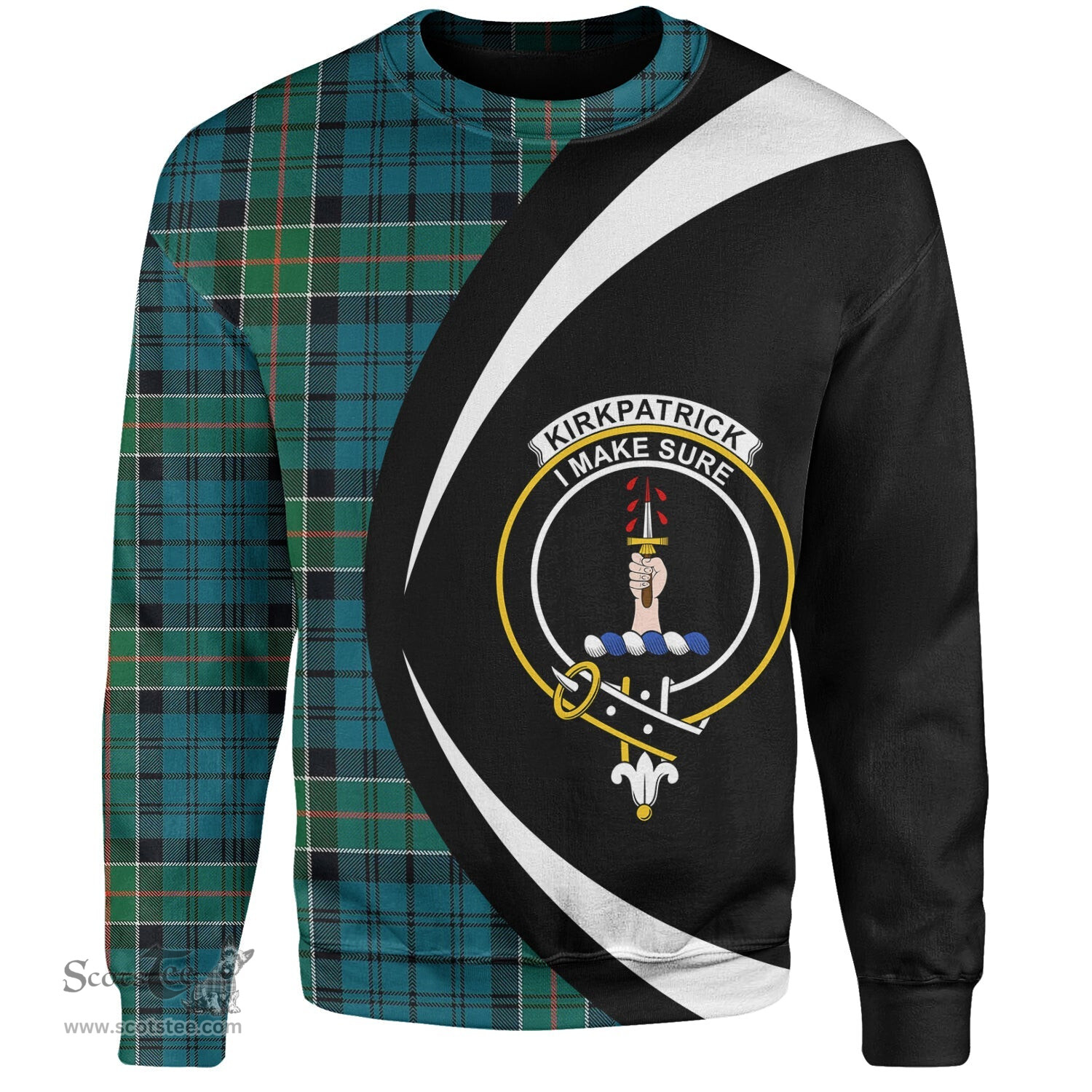 ScotsTee Shop Scottish Kirkpatrick Clan Crest Personalized Tartan Sweatshirt Circle Style Back Shirt with Your Text