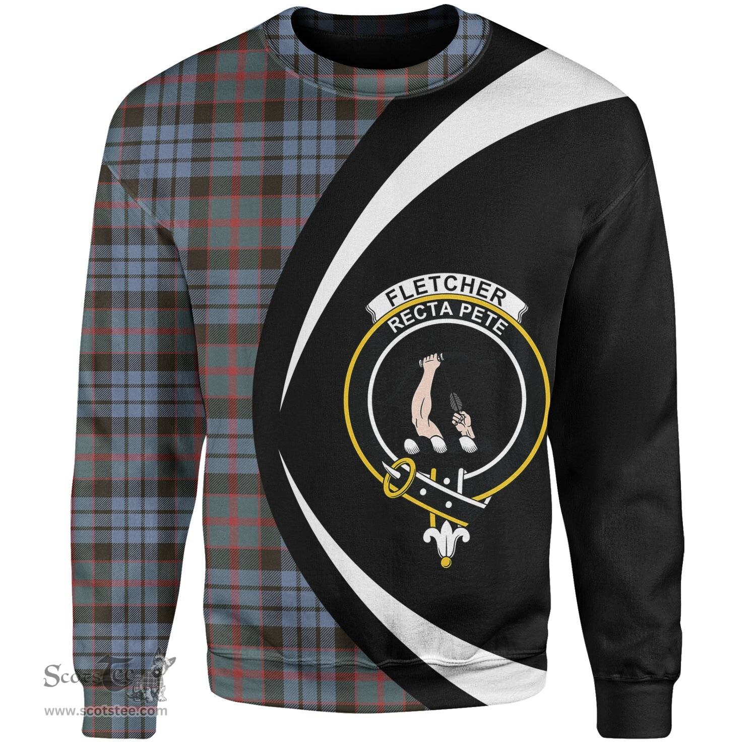 ScotsTee Shop Scottish Fletcher of Dunans Weathered Clan Crest Personalized Tartan Sweatshirt Circle Style Back Shirt with Your Text