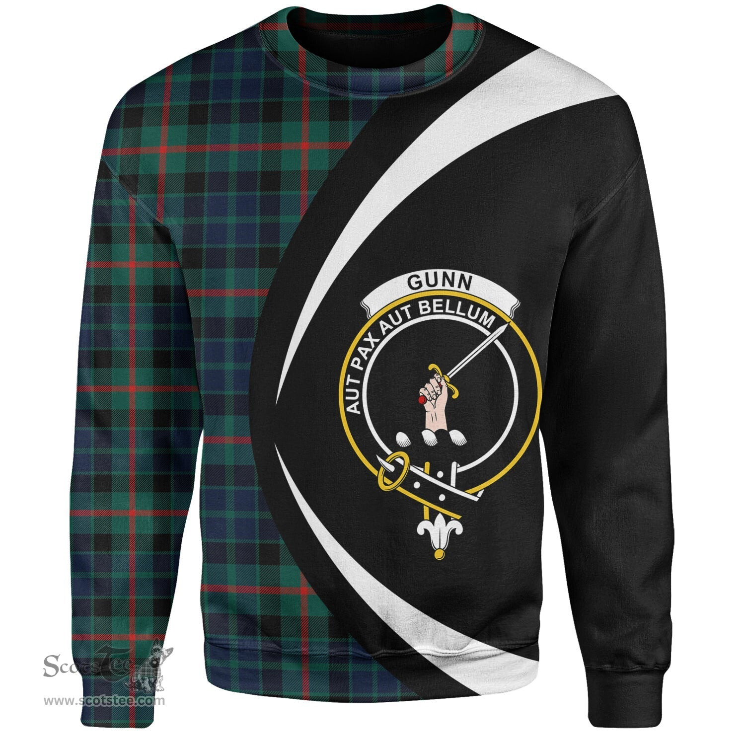 ScotsTee Shop Scottish Gunn Modern Clan Crest Personalized Tartan Sweatshirt Circle Style Back Shirt with Your Text