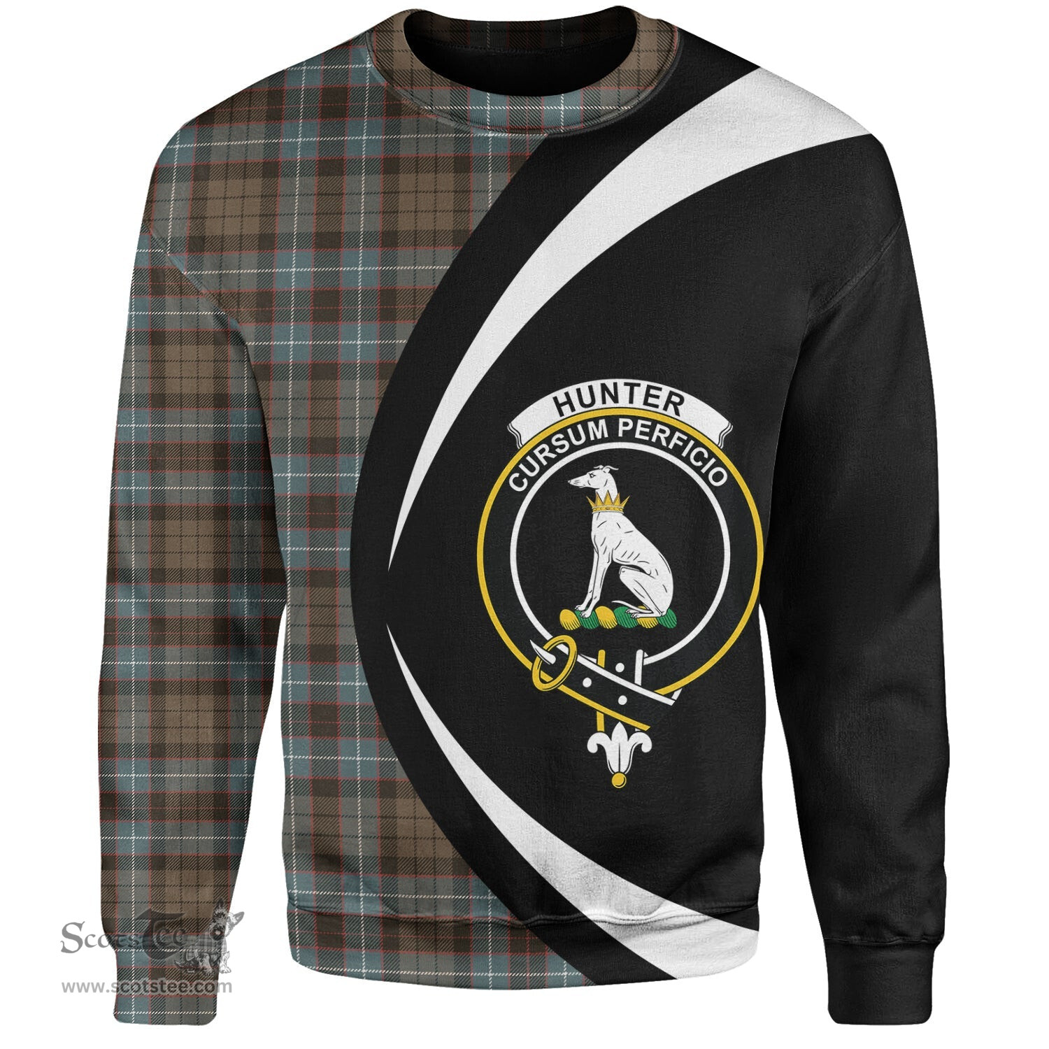 ScotsTee Shop Scottish Hunter of Peebleshire Weathered Clan Crest Personalized Tartan Sweatshirt Circle Style Back Shirt with Your Text