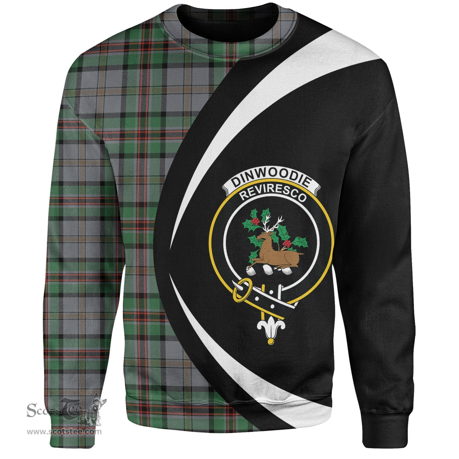 ScotsTee Shop Scottish Dinwoodie Ancient Clan Crest Personalized Tartan Sweatshirt Circle Style Back Shirt with Your Text