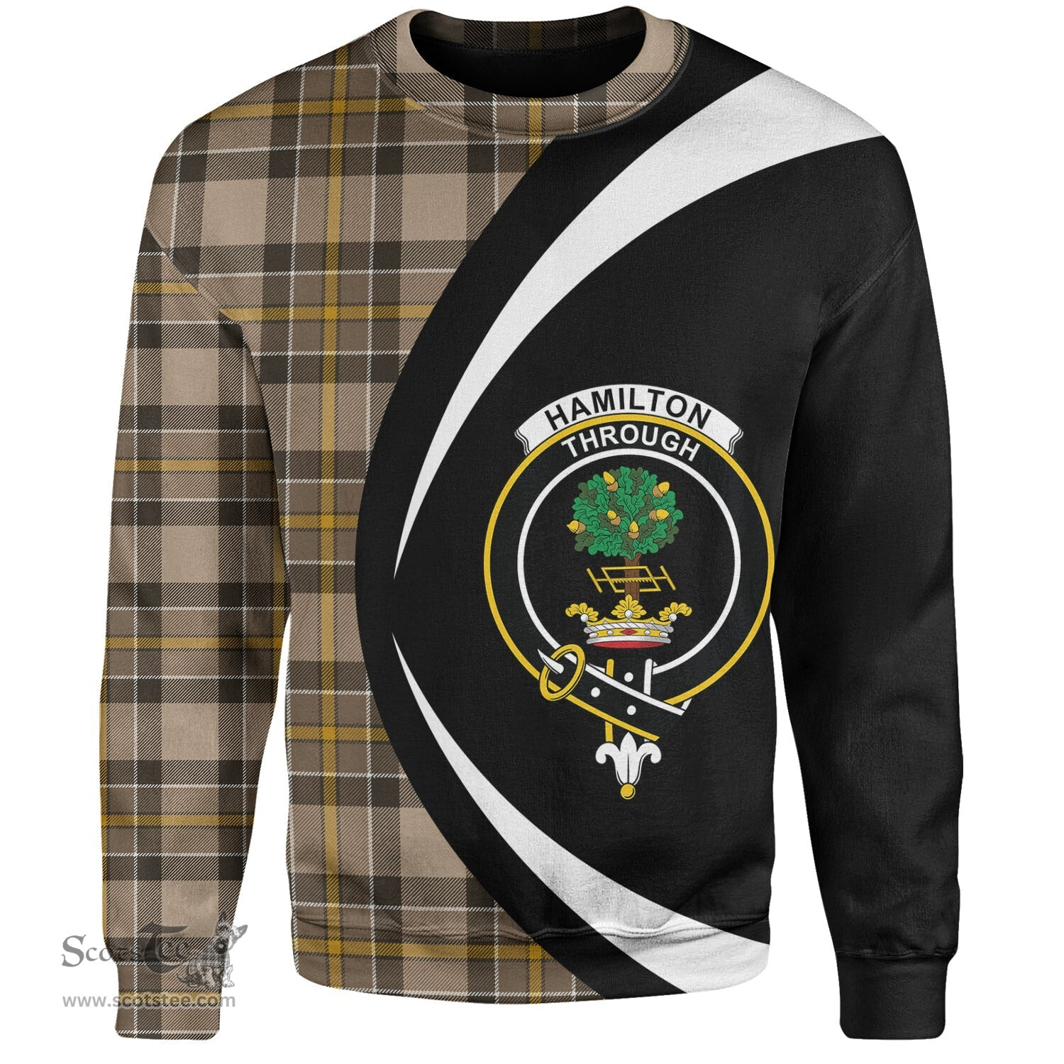 ScotsTee Shop Scottish Hamilton of Brandon Weathered Clan Crest Personalized Tartan Sweatshirt Circle Style Back Shirt with Your Text