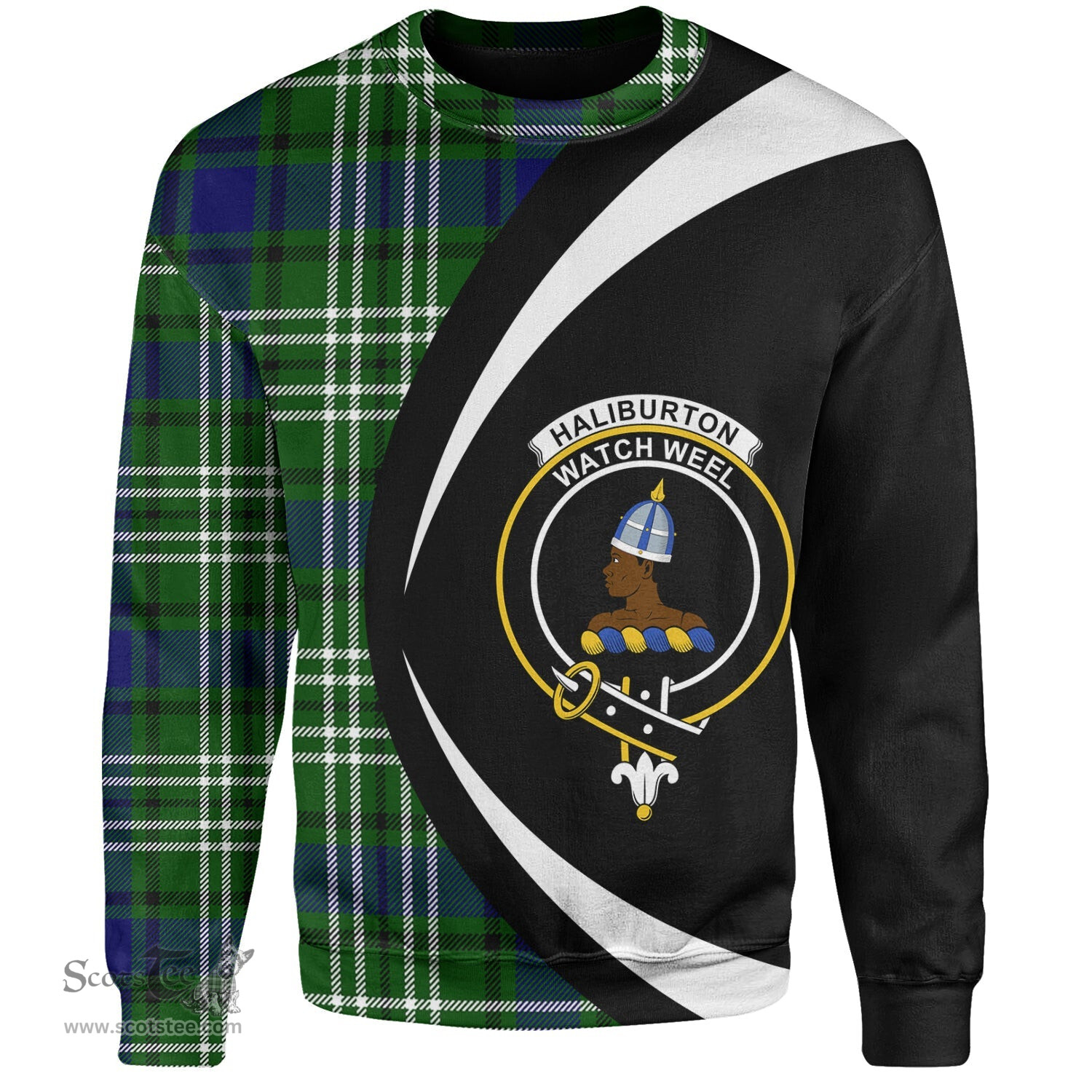 ScotsTee Shop Scottish Haliburton Clan Crest Personalized Tartan Sweatshirt Circle Style Back Shirt with Your Text