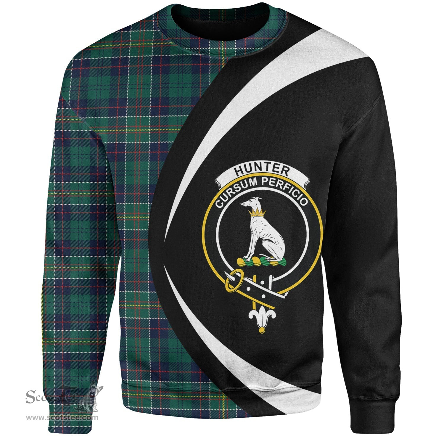 ScotsTee Shop Scottish Hunter of Hunterston (Galbraith of Hunterston) Modern Clan Crest Personalized Tartan Sweatshirt Circle Style Back Shirt with Your Text