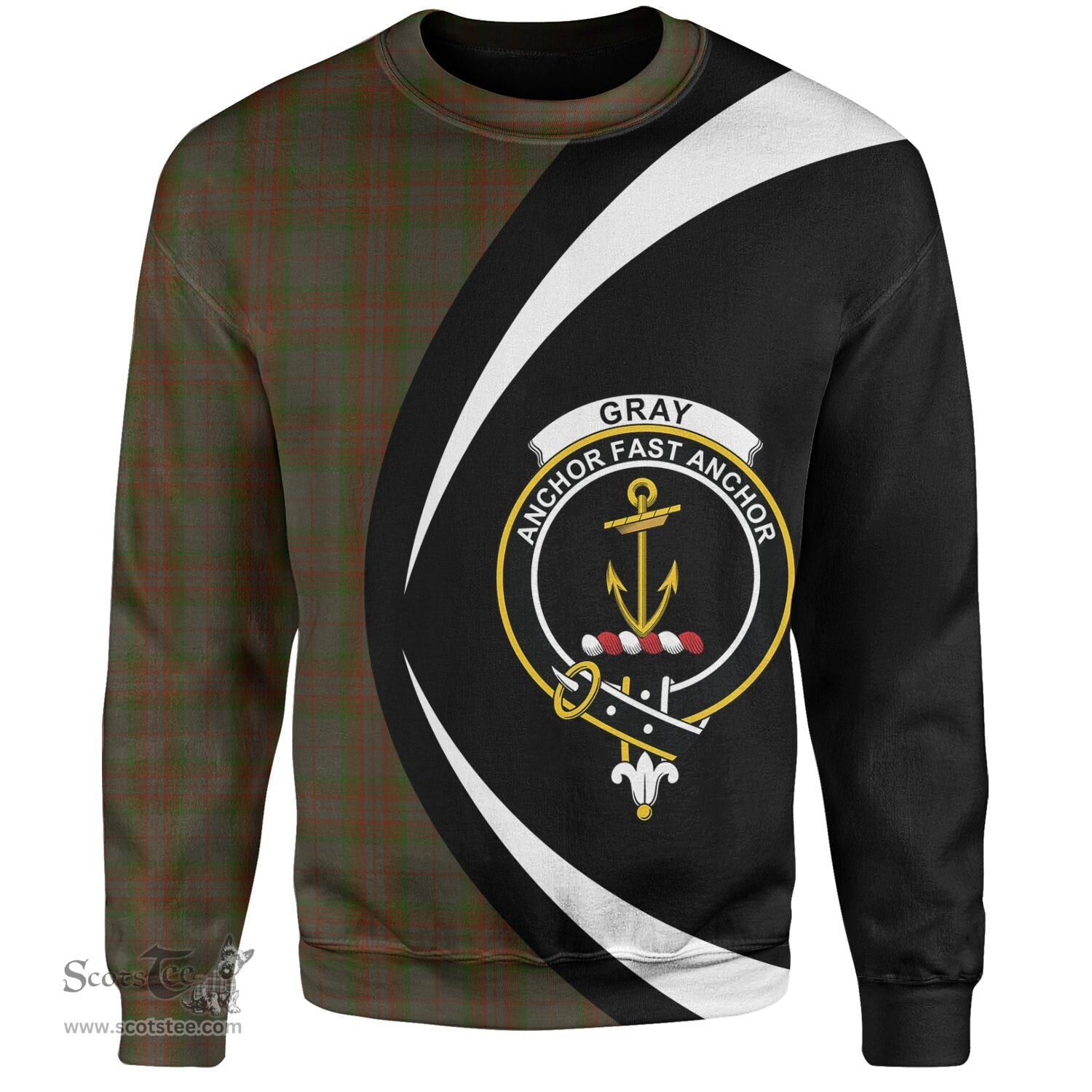 ScotsTee Shop Scottish Gray Clan Crest Personalized Tartan Sweatshirt Circle Style Back Shirt with Your Text