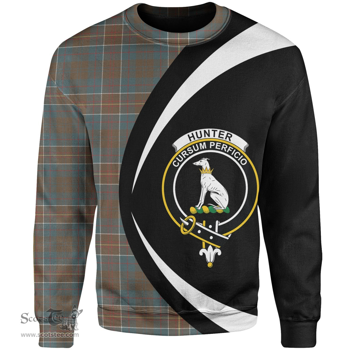 ScotsTee Shop Scottish Hunter of Hunterston (Galbraith of Hunterston) Weathered Clan Crest Personalized Tartan Sweatshirt Circle Style Back Shirt with Your Text