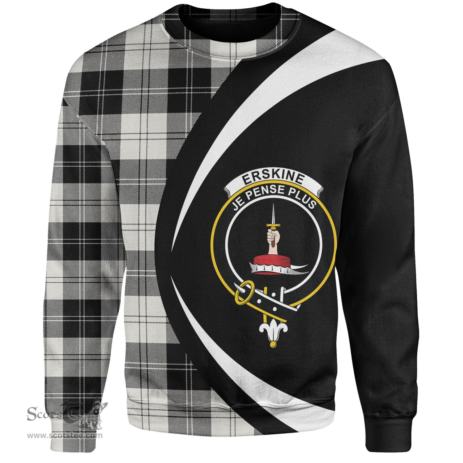 ScotsTee Shop Scottish Erskine Black & White Clan Crest Personalized Tartan Sweatshirt Circle Style Back Shirt with Your Text