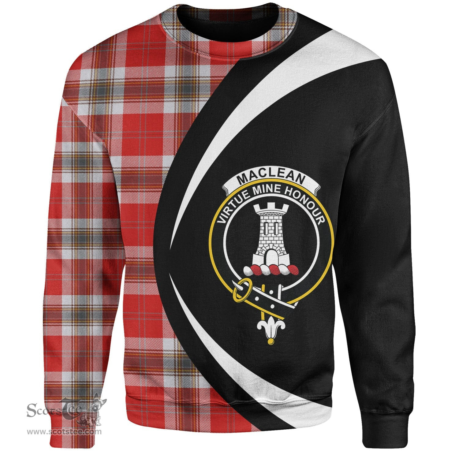 ScotsTee Shop Scottish MacLean of Duart Dress Red Modern Clan Crest Personalized Tartan Sweatshirt Circle Style Back Shirt with Your Text