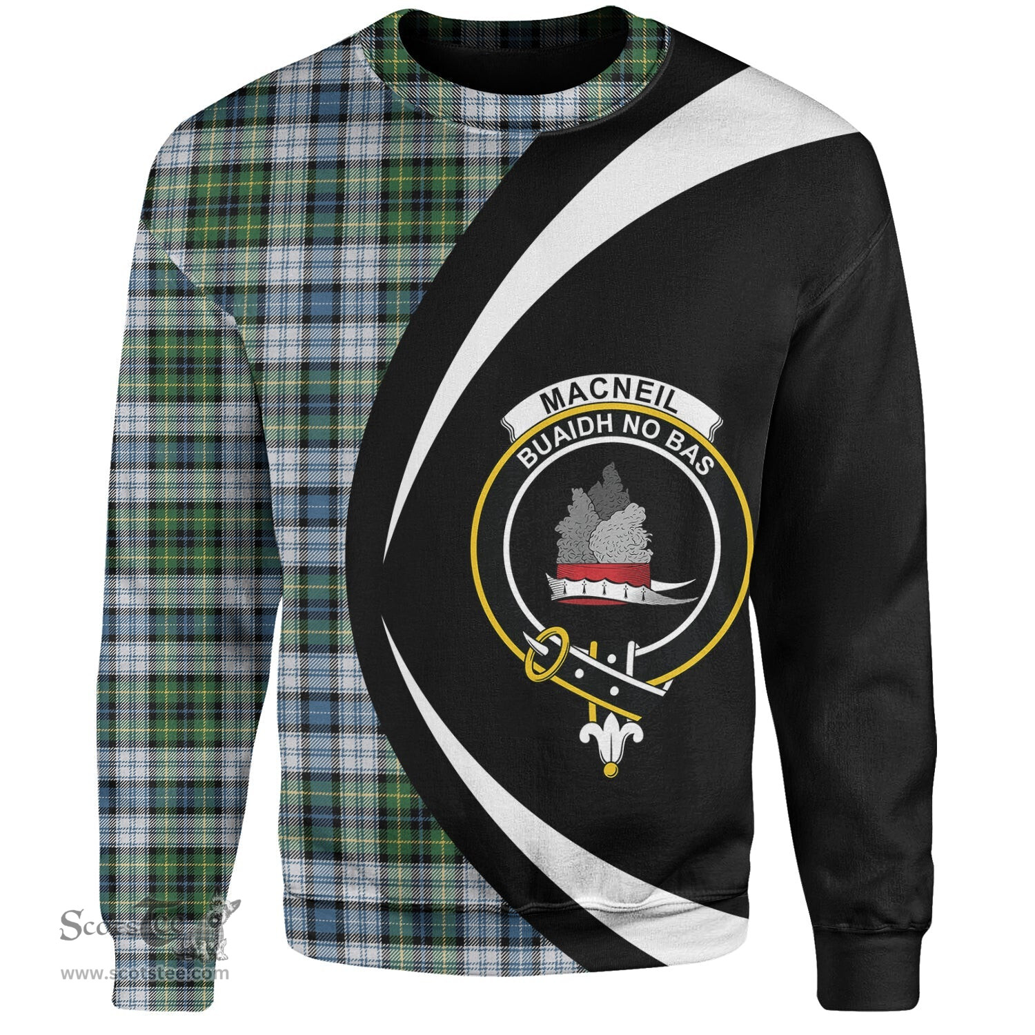 ScotsTee Shop Scottish MacNeil of Barra (MacNeil MacNeill) Paton Dress Ancient Clan Crest Personalized Tartan Sweatshirt Circle Style Back Shirt with Your Text