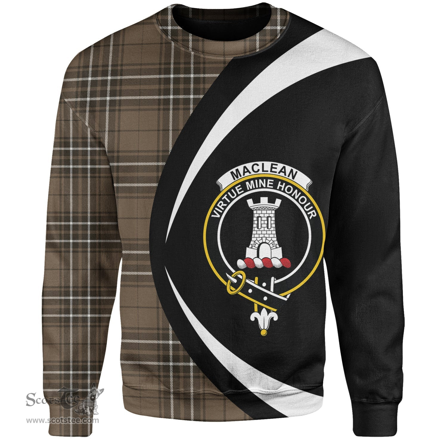 ScotsTee Shop Scottish MacLean of Duart Hunting (Vestiarium Scoticum) Weathered Clan Crest Personalized Tartan Sweatshirt Circle Style Back Shirt with Your Text
