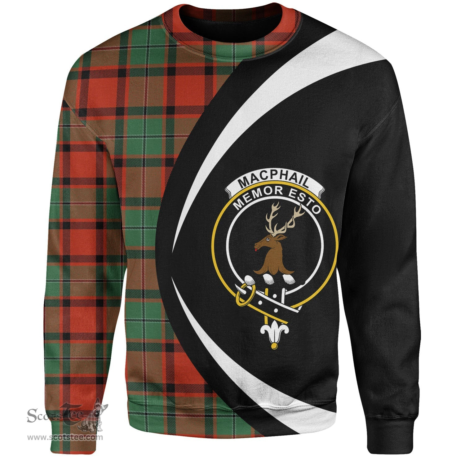 ScotsTee Shop Scottish MacPhail Ancient Clan Crest Personalized Tartan Sweatshirt Circle Style Back Shirt with Your Text
