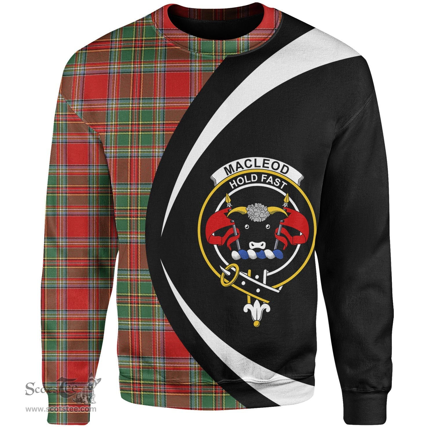ScotsTee Shop Scottish MacLeod of Gesto Modern Clan Crest Personalized Tartan Sweatshirt Circle Style Back Shirt with Your Text