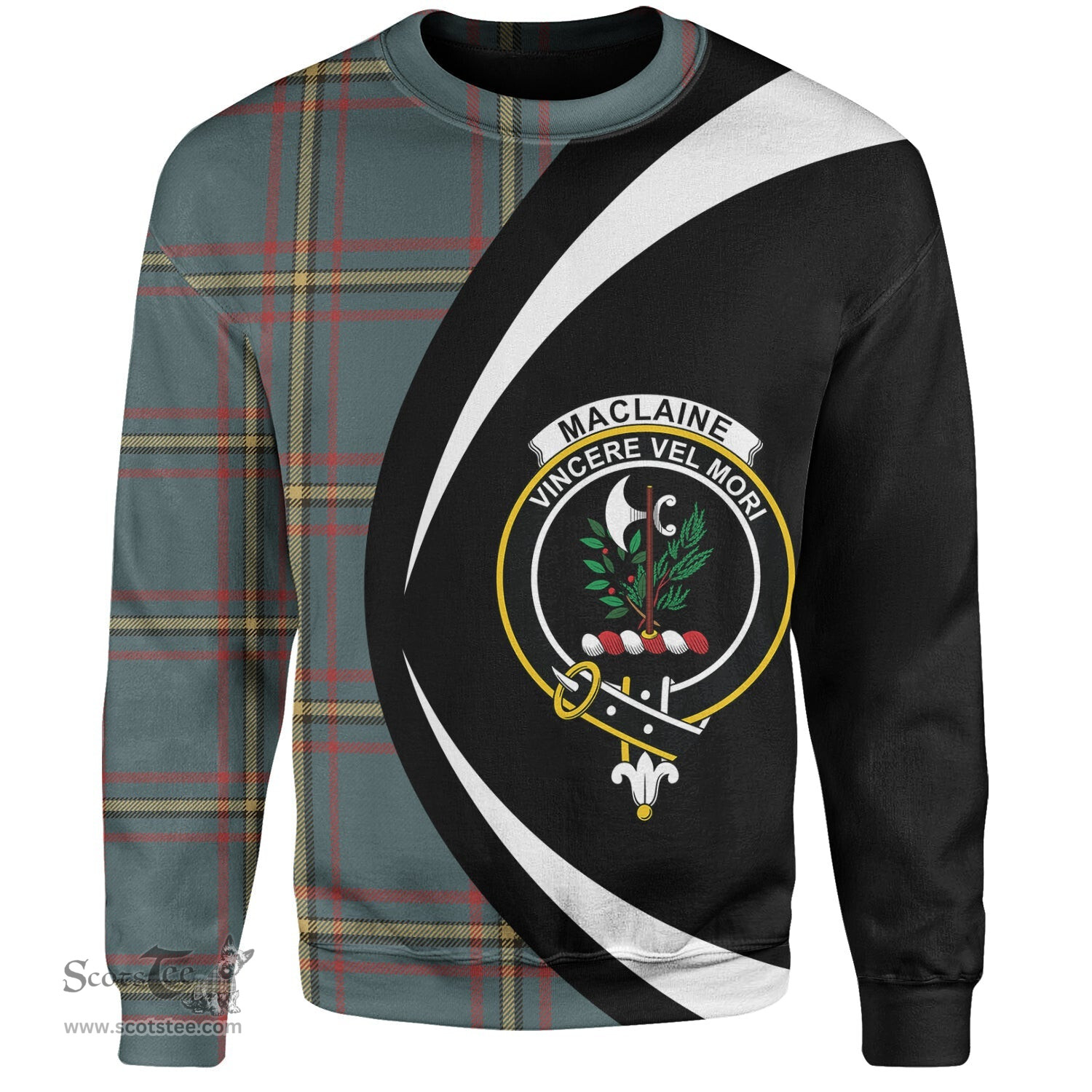 ScotsTee Shop Scottish MacLaine of LochBuie Hunting (MacLaine) Weathered Clan Crest Personalized Tartan Sweatshirt Circle Style Back Shirt with Your Text