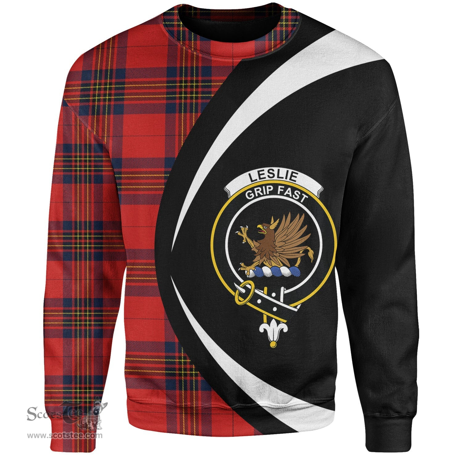 ScotsTee Shop Scottish Leslie Modern Clan Crest Personalized Tartan Sweatshirt Circle Style Back Shirt with Your Text