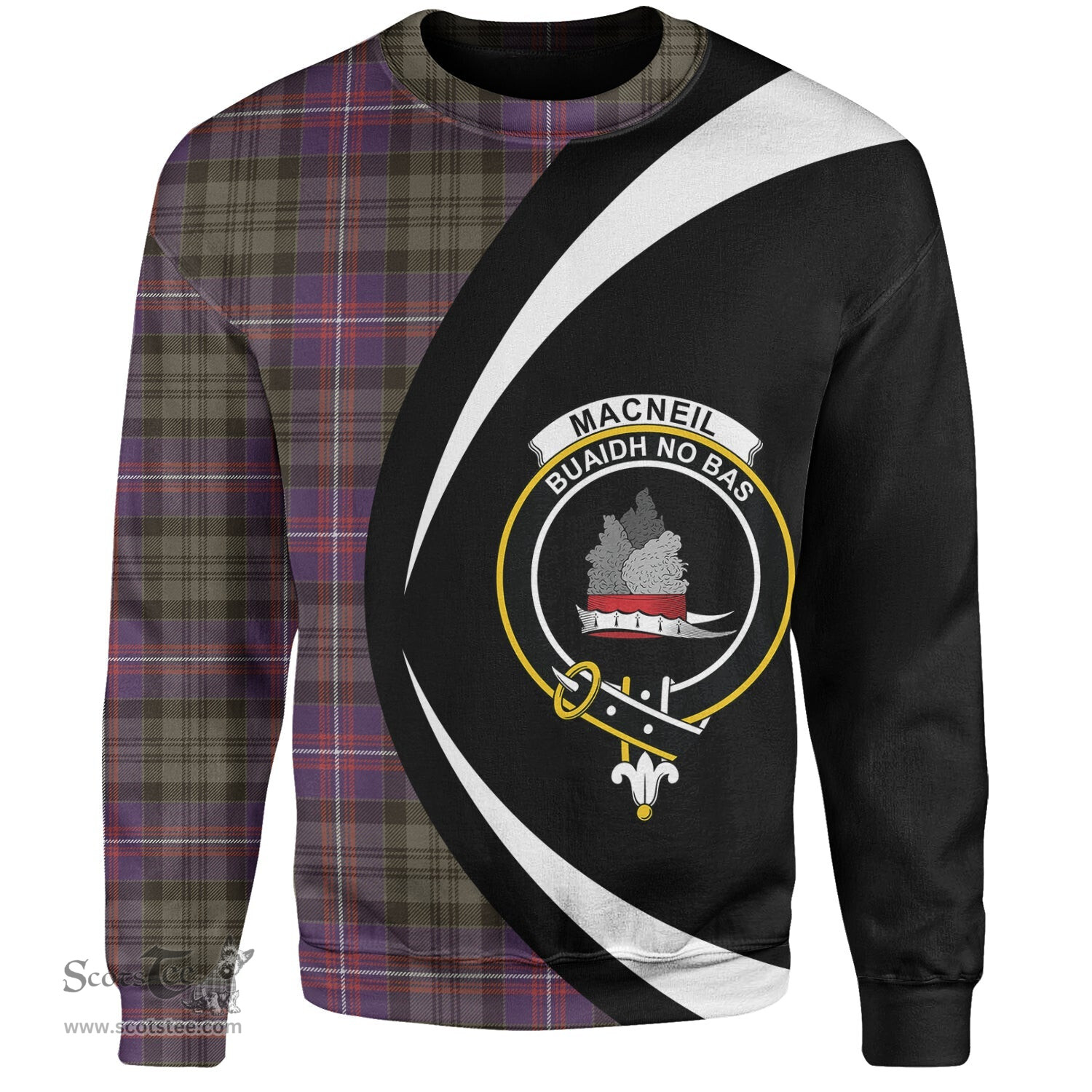 ScotsTee Shop Scottish MacNeil of Colonsay (MacNeil of Barra of Colonsay) (Highland Society of London) Weathered Clan Crest Personalized Tartan Sweatshirt Circle Style Back Shirt with Your Text