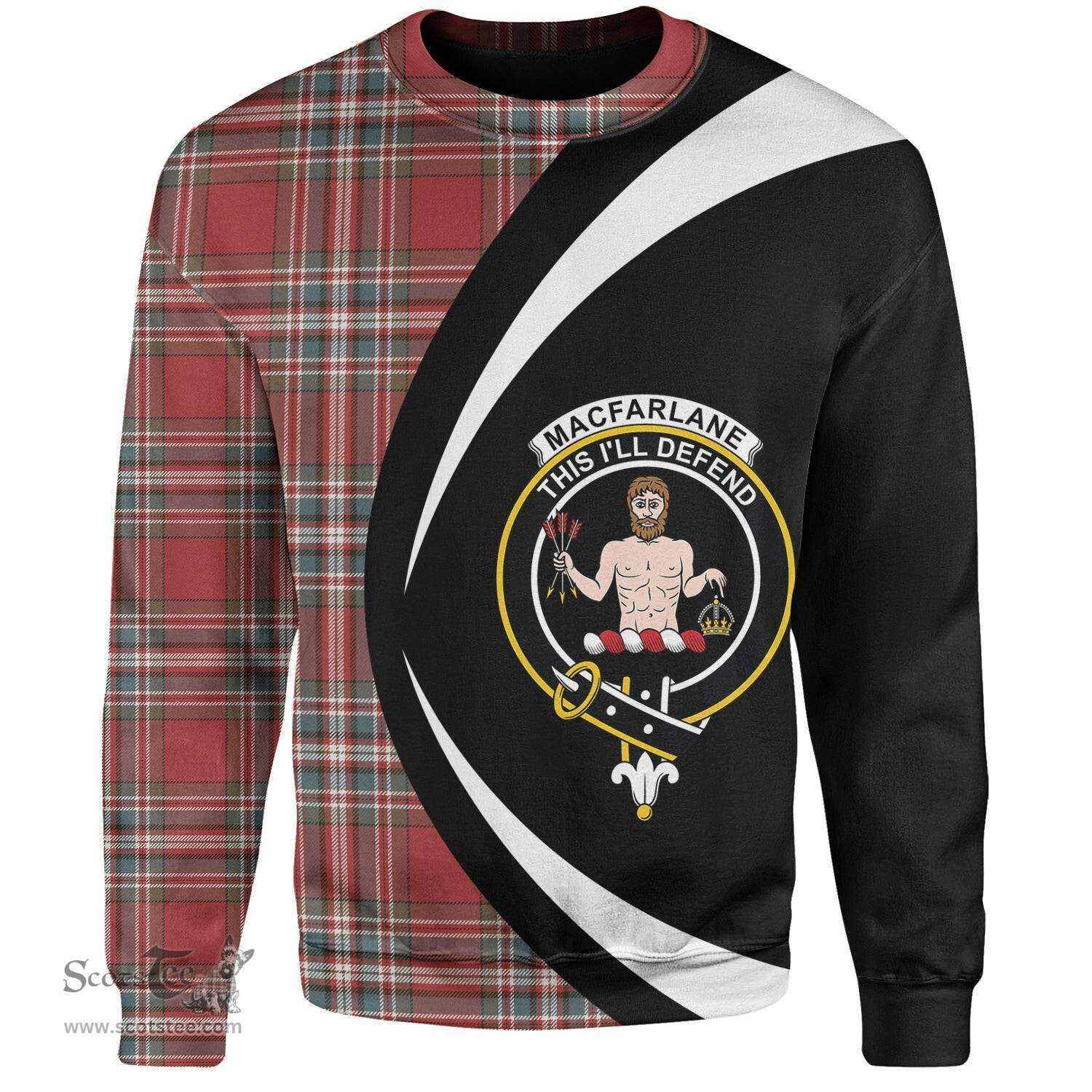 ScotsTee Shop Scottish MacFarlane Red Weathered Clan Crest Personalized Tartan Sweatshirt Circle Style Back Shirt with Your Text