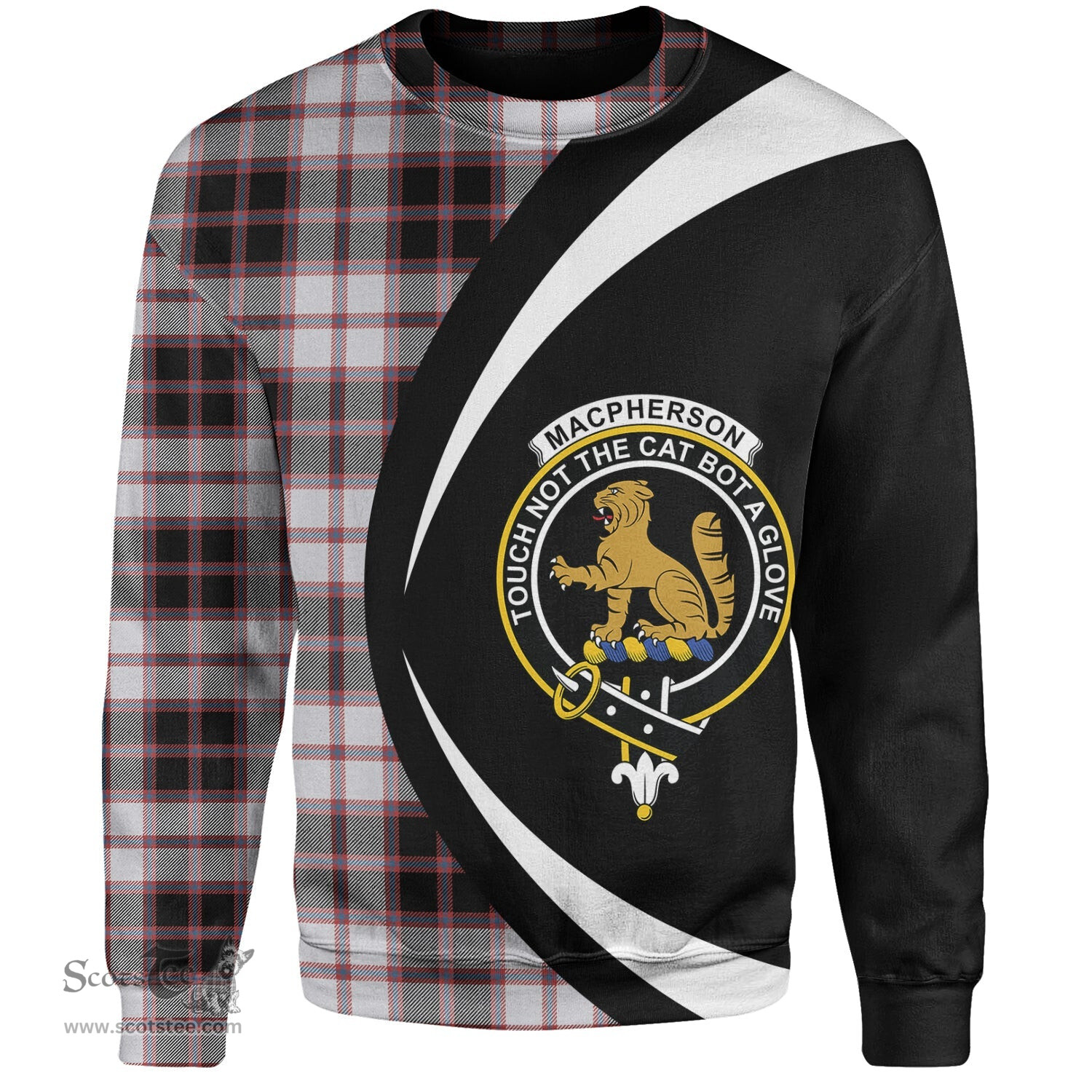 ScotsTee Shop Scottish MacPherson of Pitmain Ancient Clan Crest Personalized Tartan Sweatshirt Circle Style Back Shirt with Your Text