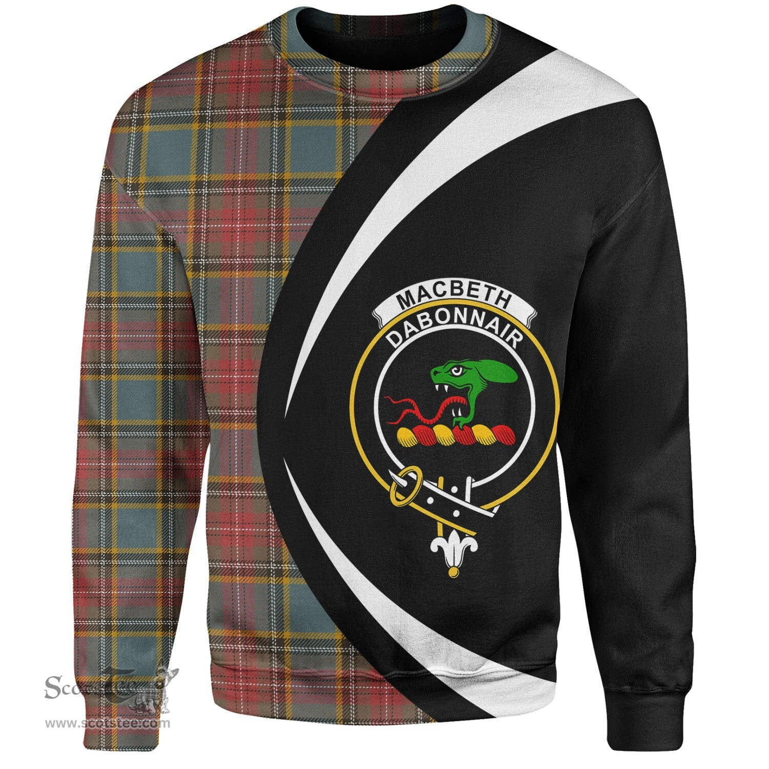 ScotsTee Shop Scottish MacBeth Weathered Clan Crest Personalized Tartan Sweatshirt Circle Style Back Shirt with Your Text