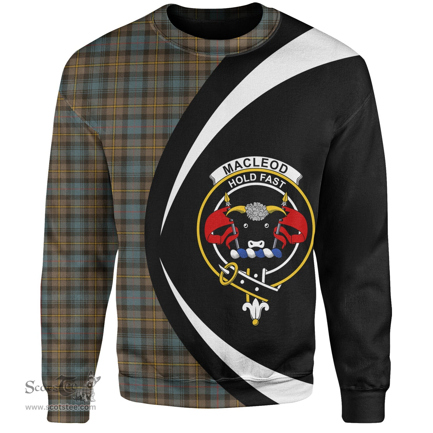 ScotsTee Shop Scottish MacLeod of Skye Weathered Clan Crest Personalized Tartan Sweatshirt Circle Style Back Shirt with Your Text