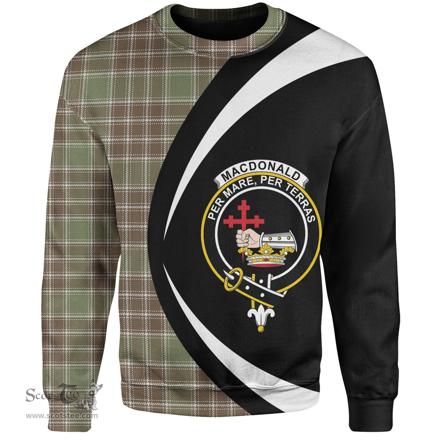 ScotsTee Shop Scottish MacDonald Lord of the Isles; Hunting Weathered Clan Crest Personalized Tartan Sweatshirt Circle Style Back Shirt with Your Text