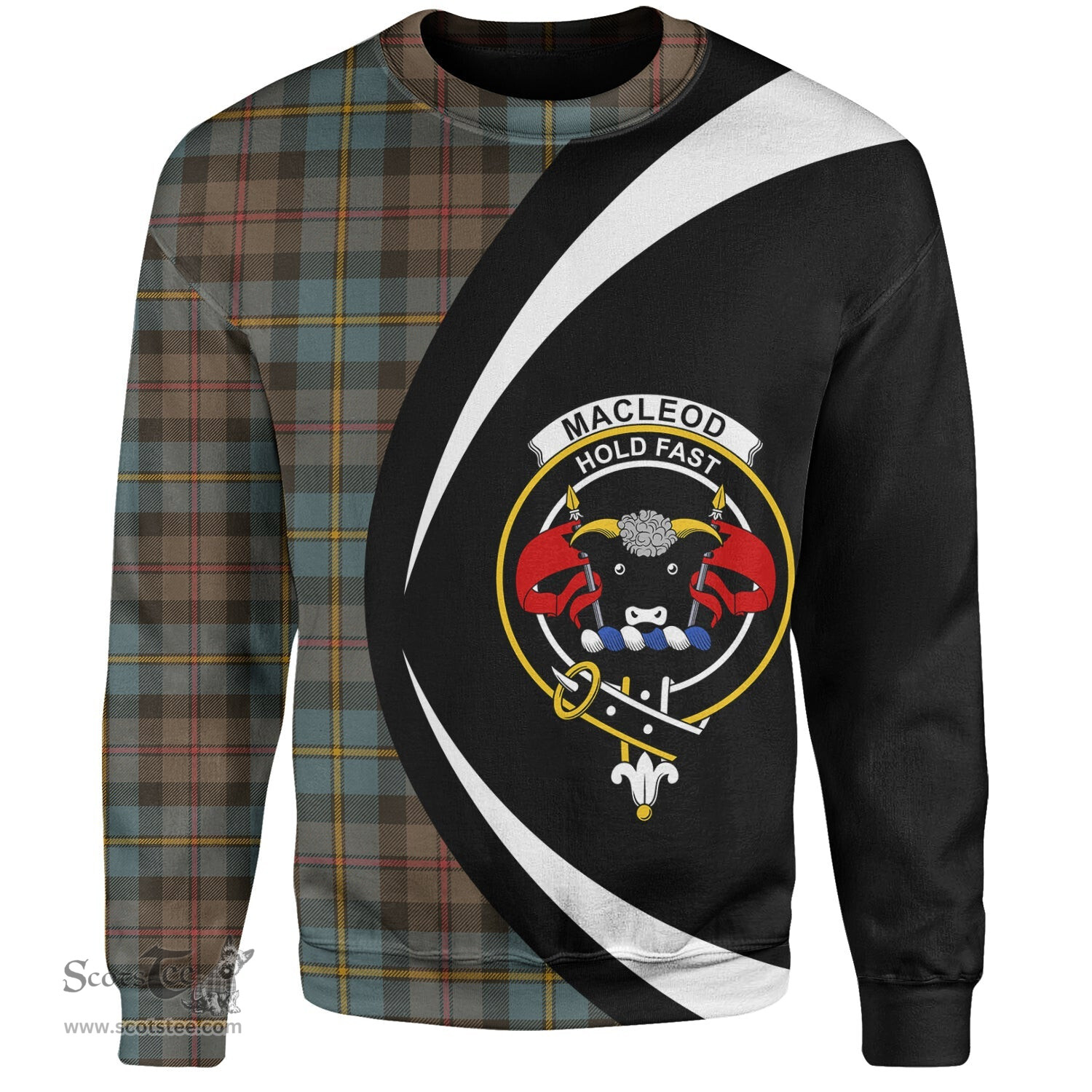 ScotsTee Shop Scottish MacLeod of Skeabost Weathered Clan Crest Personalized Tartan Sweatshirt Circle Style Back Shirt with Your Text