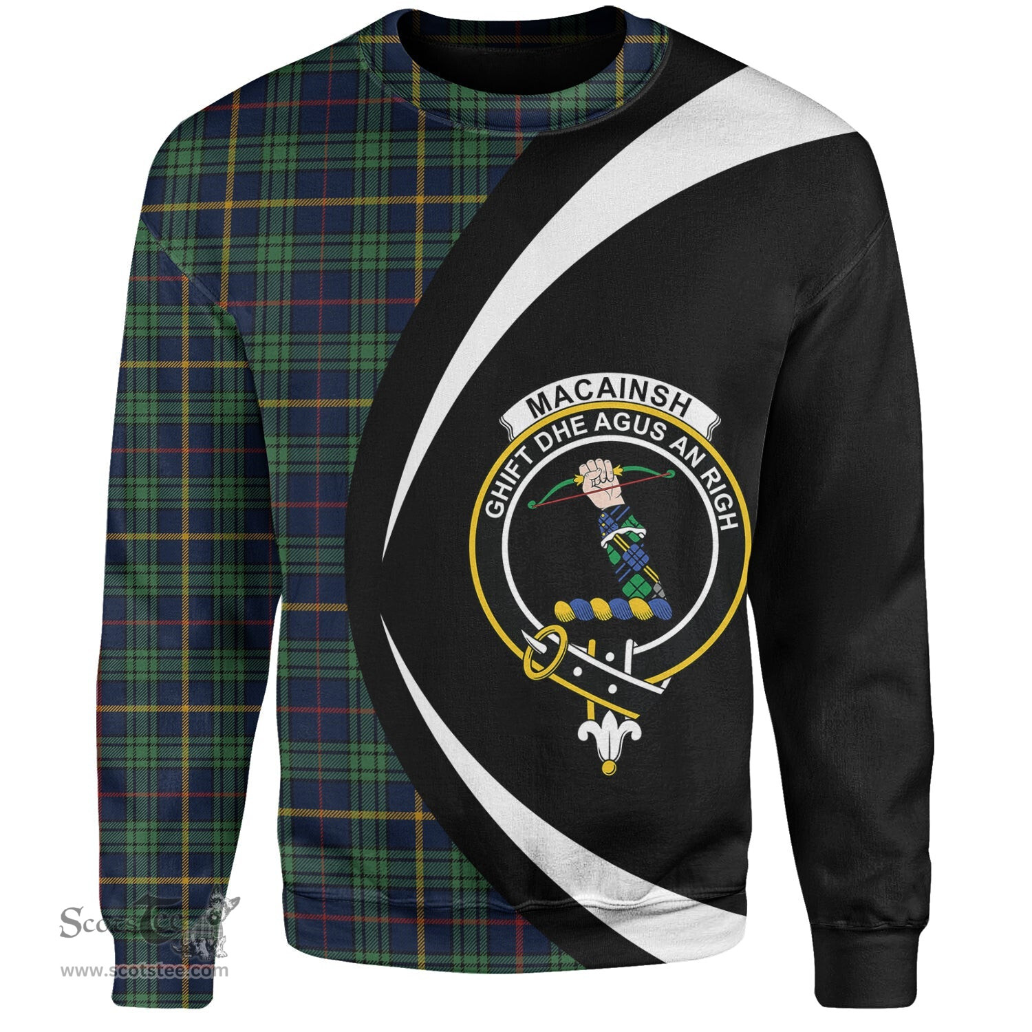 ScotsTee Shop Scottish MacAinsh Modern Clan Crest Personalized Tartan Sweatshirt Circle Style Back Shirt with Your Text