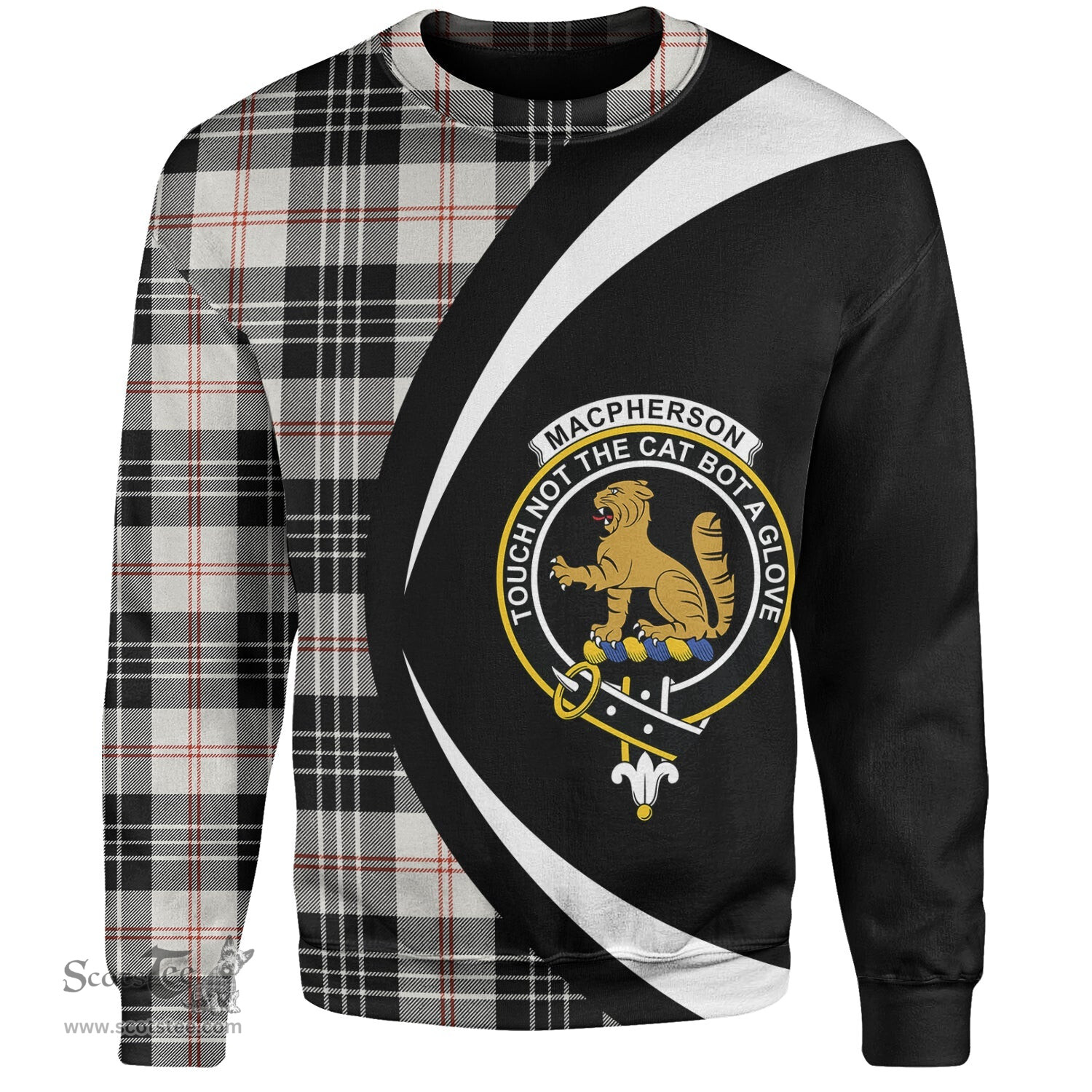 ScotsTee Shop Scottish MacPherson of Cluny Black & White Clan Crest Personalized Tartan Sweatshirt Circle Style Back Shirt with Your Text