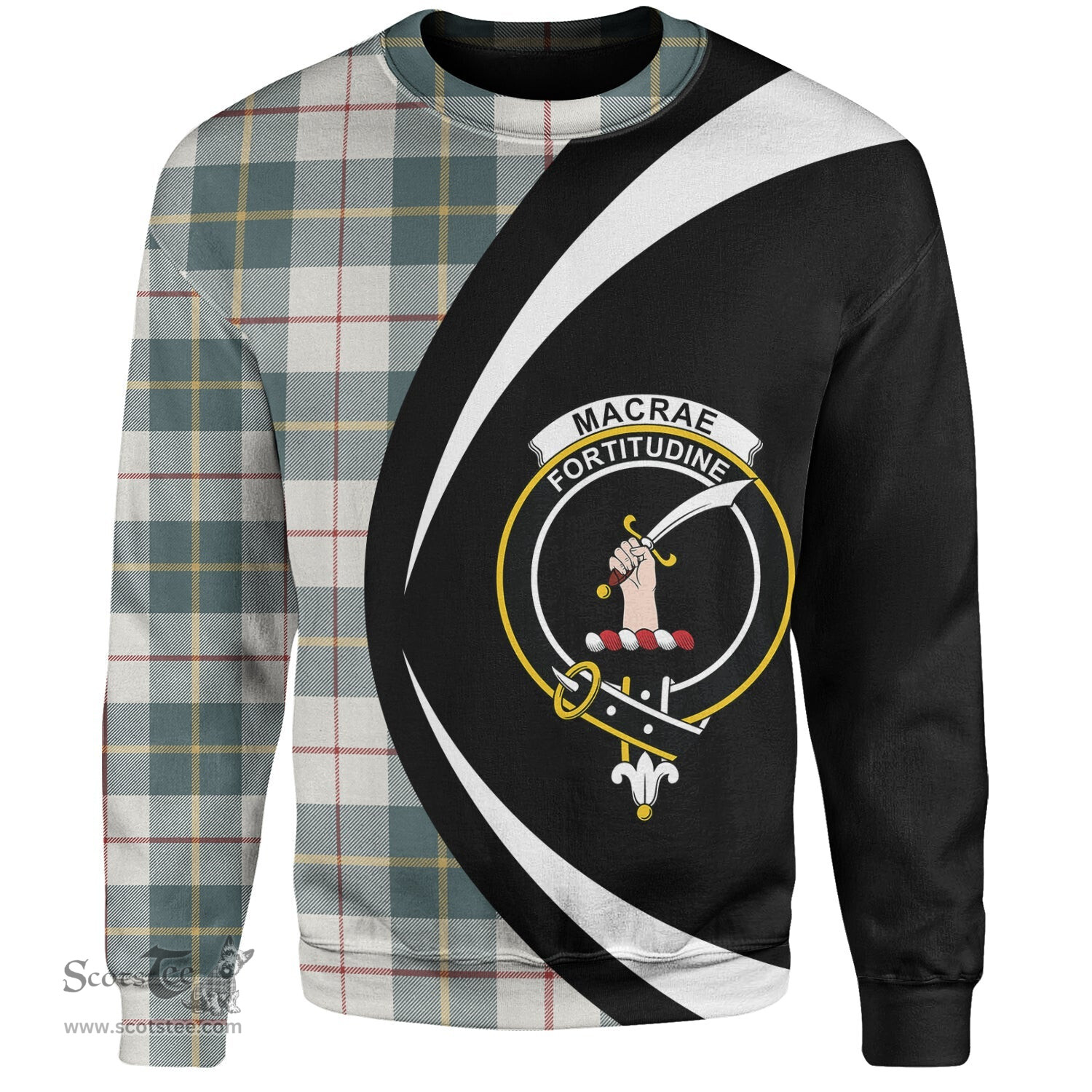 ScotsTee Shop Scottish MacRae of Conchra Weathered Clan Crest Personalized Tartan Sweatshirt Circle Style Back Shirt with Your Text