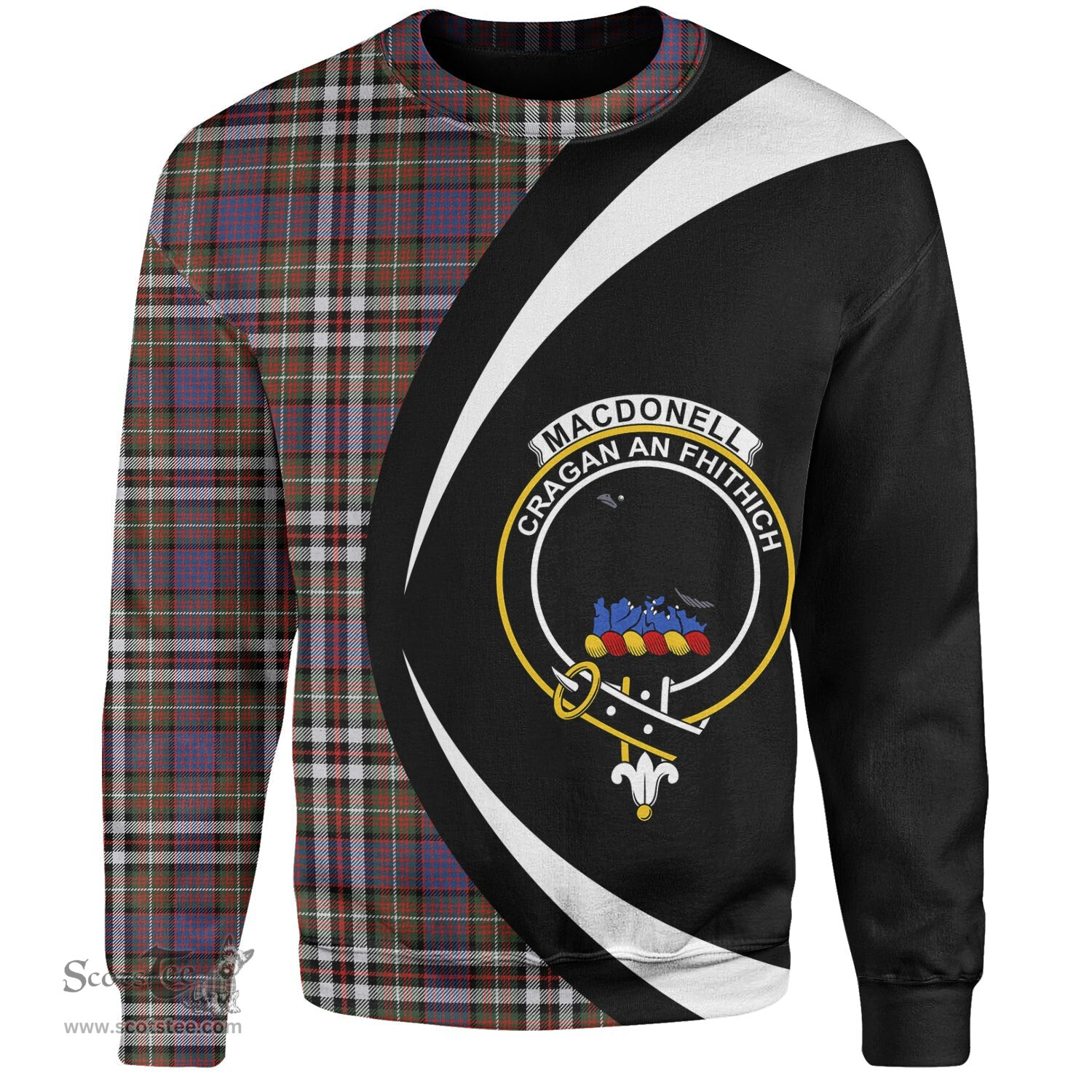 ScotsTee Shop Scottish MacDonell of Glengarry Dress Ancient Clan Crest Personalized Tartan Sweatshirt Circle Style Back Shirt with Your Text