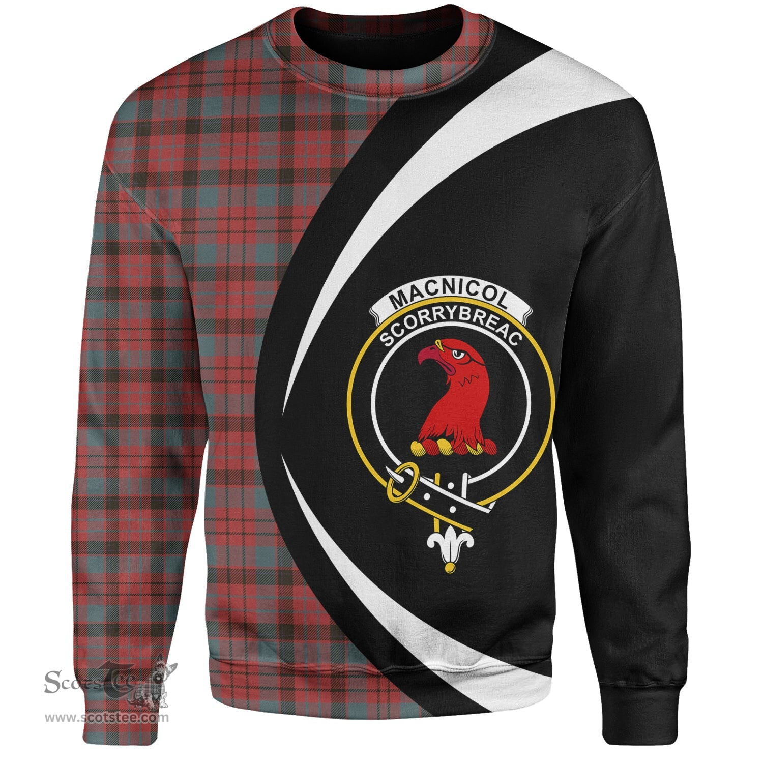ScotsTee Shop Scottish MacNicol Weathered Clan Crest Personalized Tartan Sweatshirt Circle Style Back Shirt with Your Text