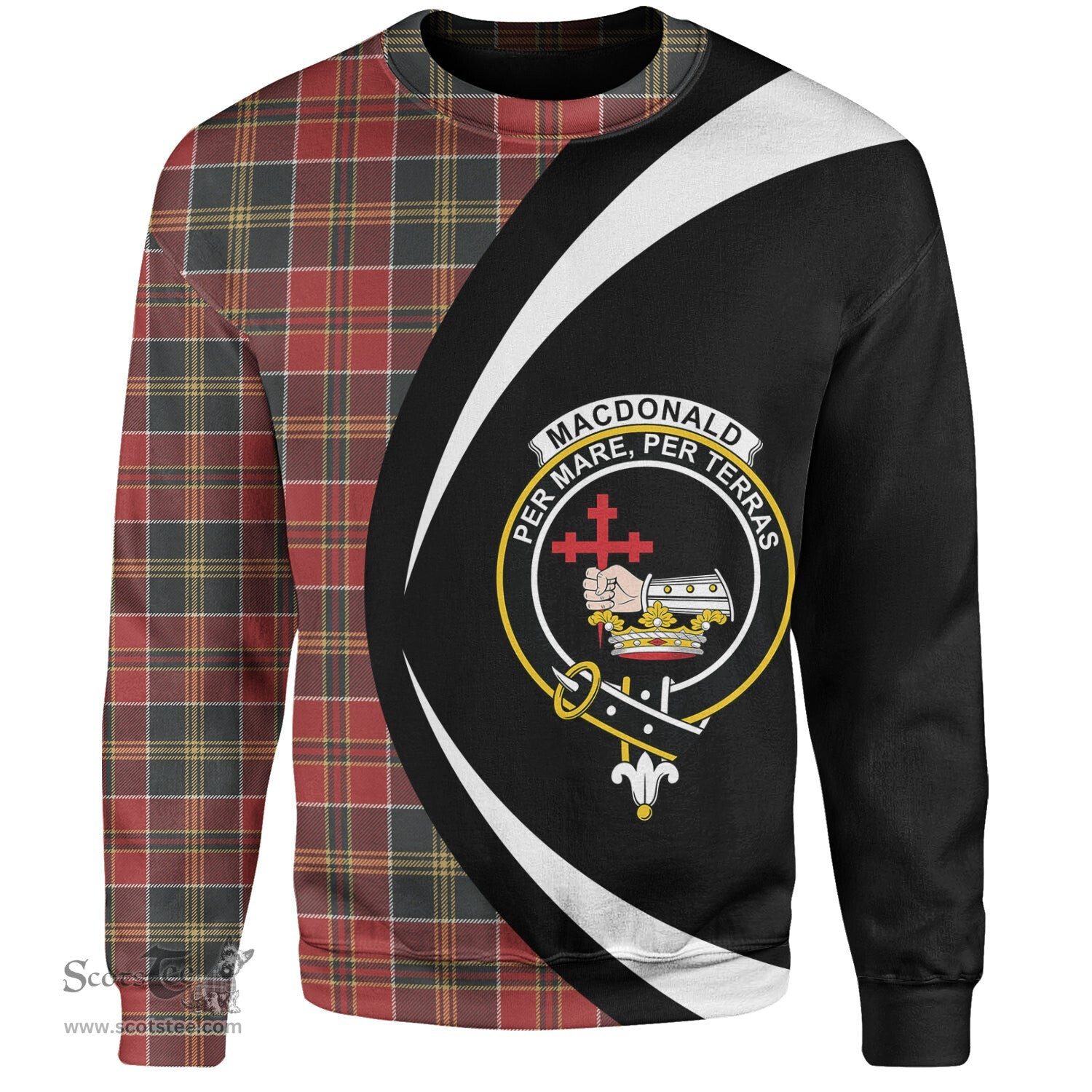 ScotsTee Shop Scottish MacDonald of Kingsburgh (Donald of Kingsburgh) Weathered Clan Crest Personalized Tartan Sweatshirt Circle Style Back Shirt with Your Text