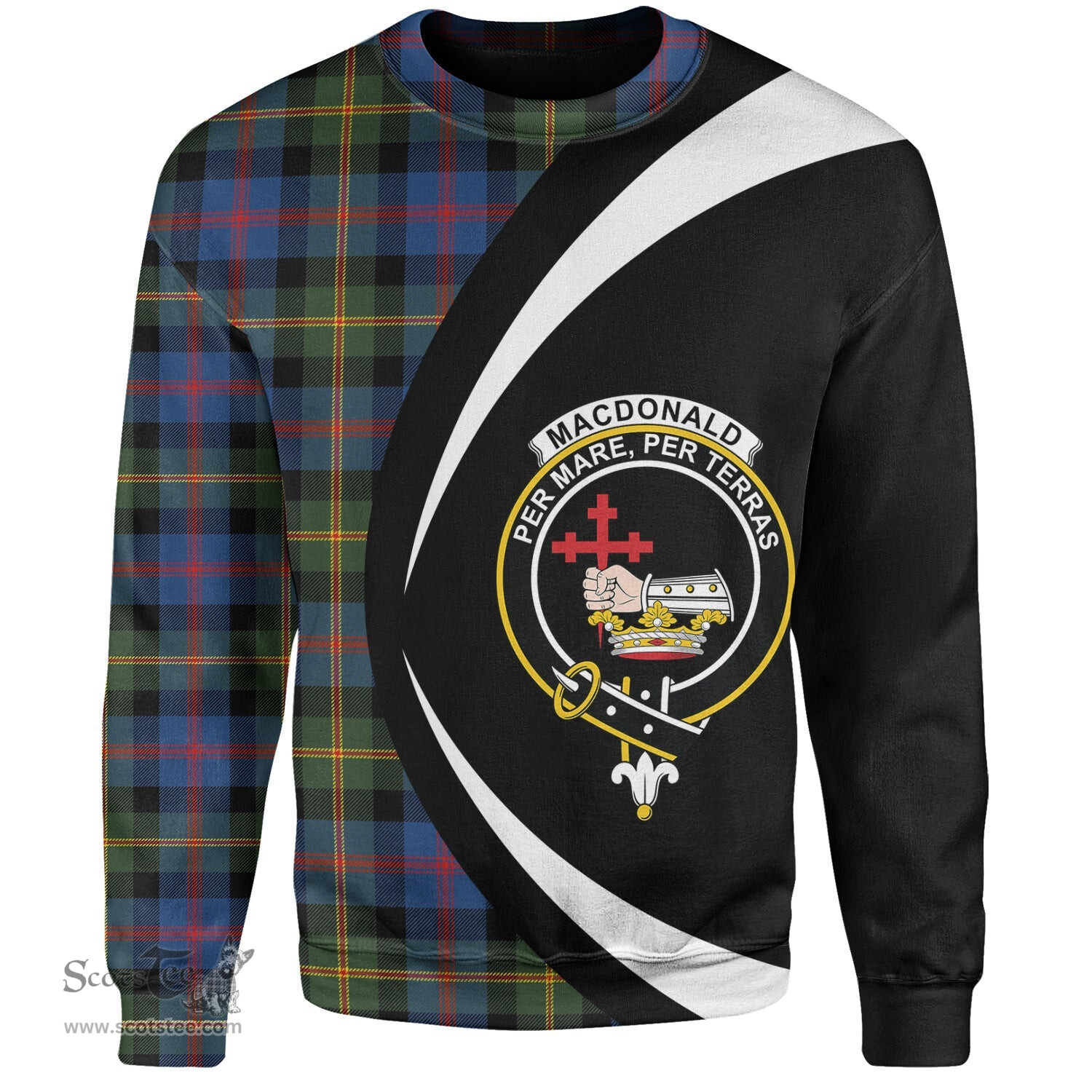 ScotsTee Shop Scottish MacDonald of Borrodale (Donald Borrodale Historic) Modern Clan Crest Personalized Tartan Sweatshirt Circle Style Back Shirt with Your Text