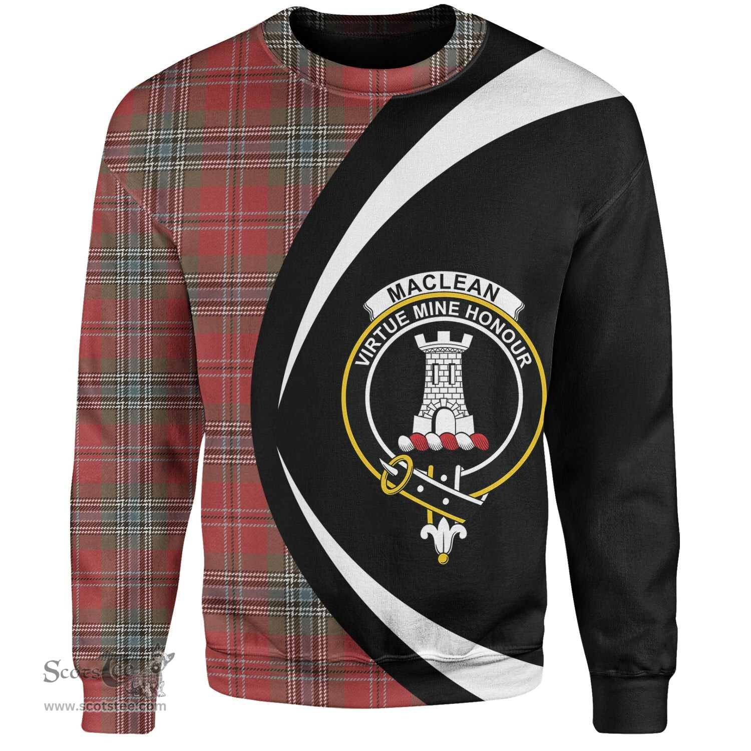 ScotsTee Shop Scottish MacLean of Duart Weathered Clan Crest Personalized Tartan Sweatshirt Circle Style Back Shirt with Your Text