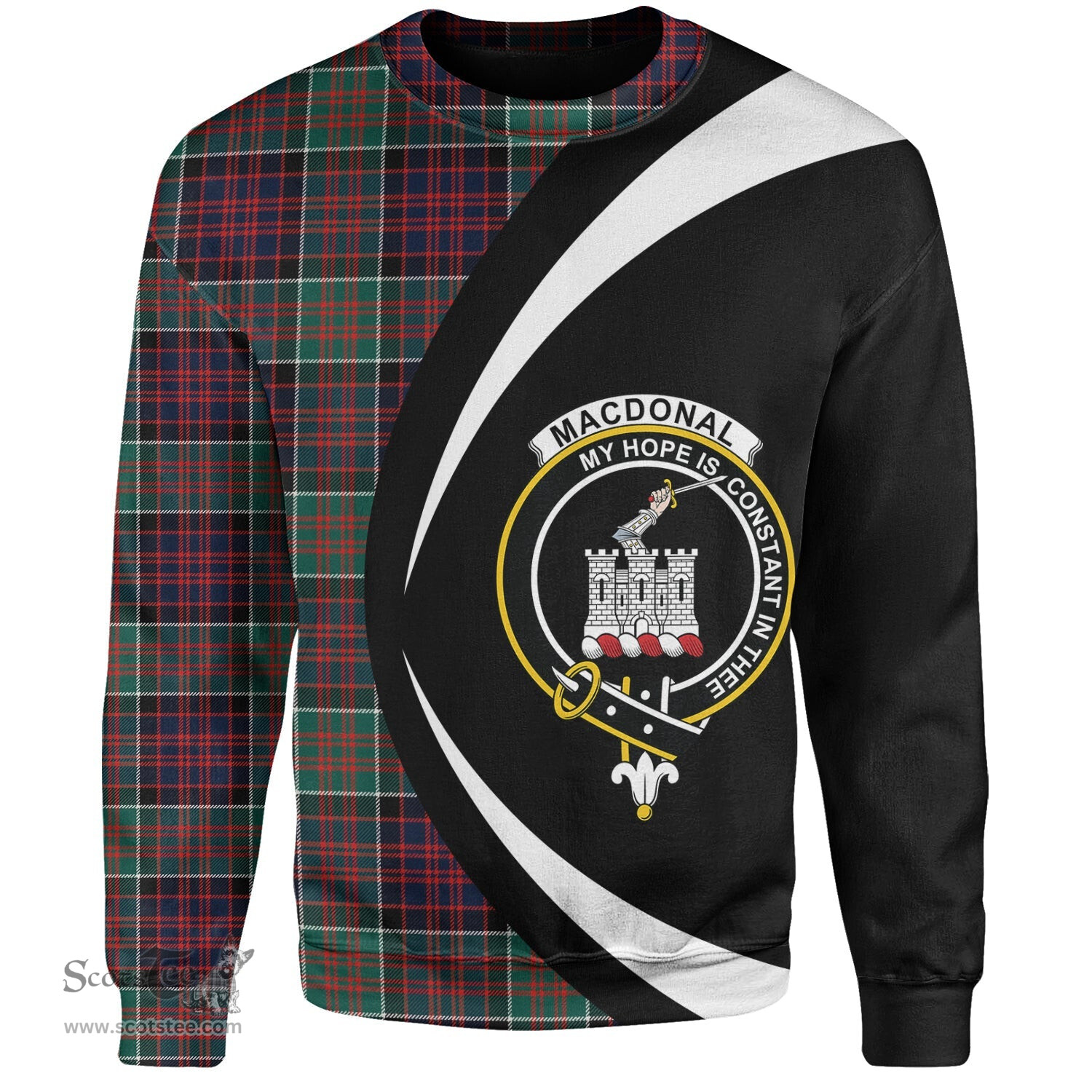 ScotsTee Shop Scottish MacDonald of Clanranald (Donald of Clanranald) Modern Clan Crest Personalized Tartan Sweatshirt Circle Style Back Shirt with Your Text