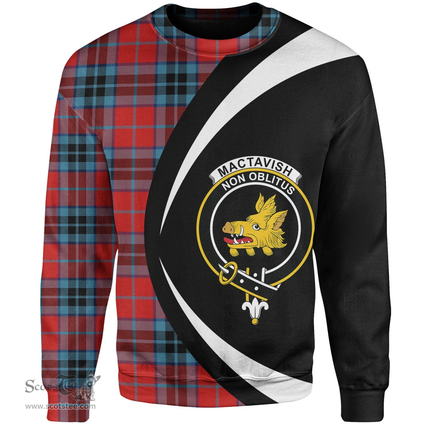 ScotsTee Shop Scottish MacTavish Modern Clan Crest Personalized Tartan Sweatshirt Circle Style Back Shirt with Your Text